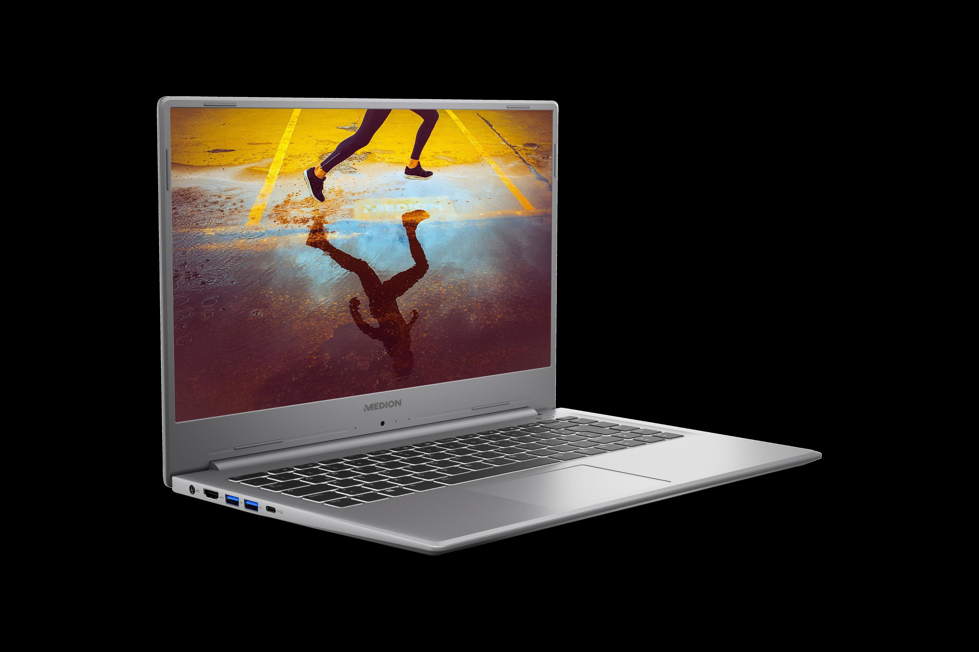 Silberner Laptop, offen, zeigt laufende Figur auf dem Bildschirm. Schwarzer Hintergrund, angewinkelt.