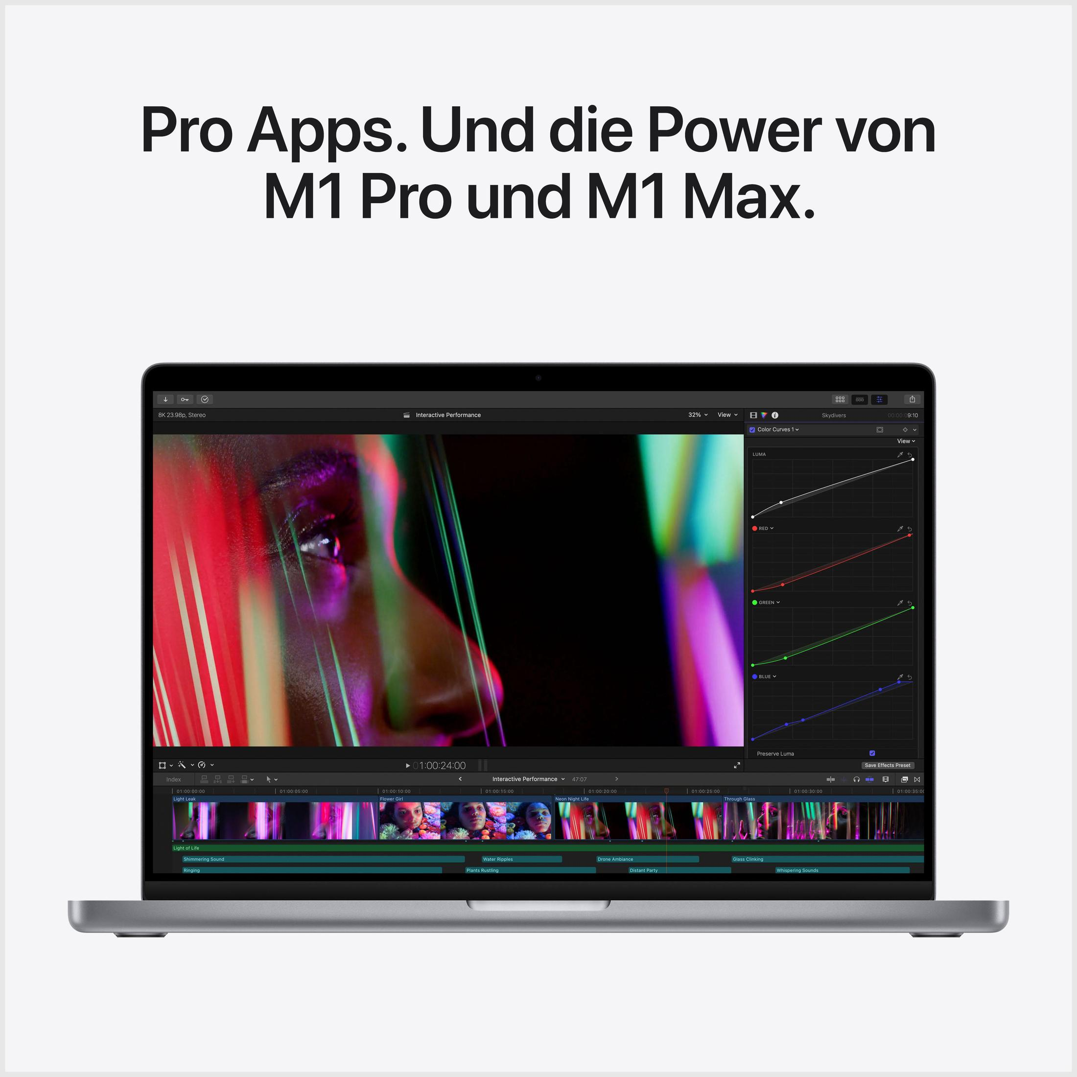Ein graues MacBook-Laptop mit einem Bildschirm, der Videobearbeitungssoftware anzeigt, mit Text auf Deutsch.