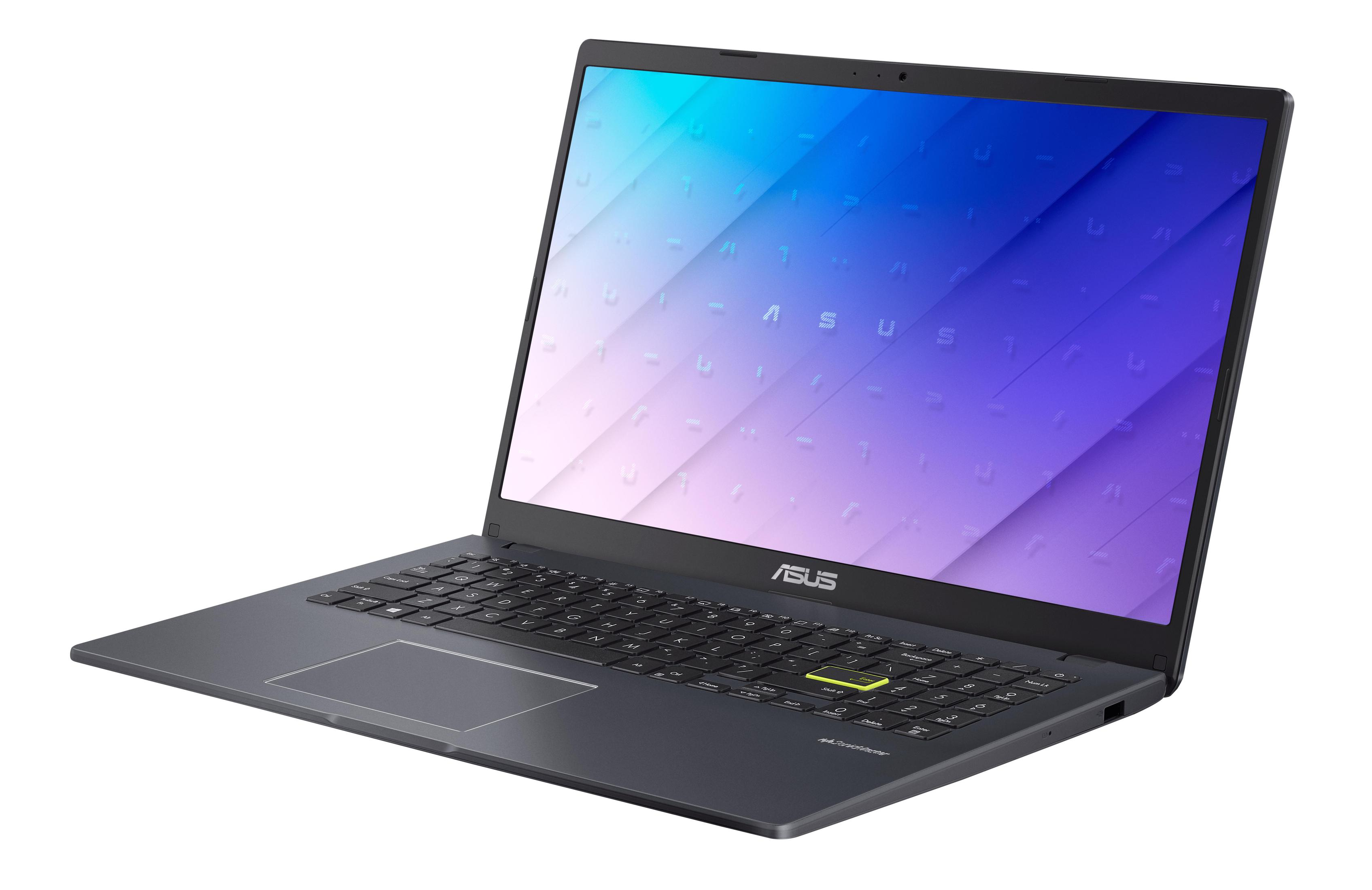 Laptop mit geöffnetem Bildschirm. Der Bildschirm hat einen blau-violetten Farbverlauf. Der Text lautet ASUS.
