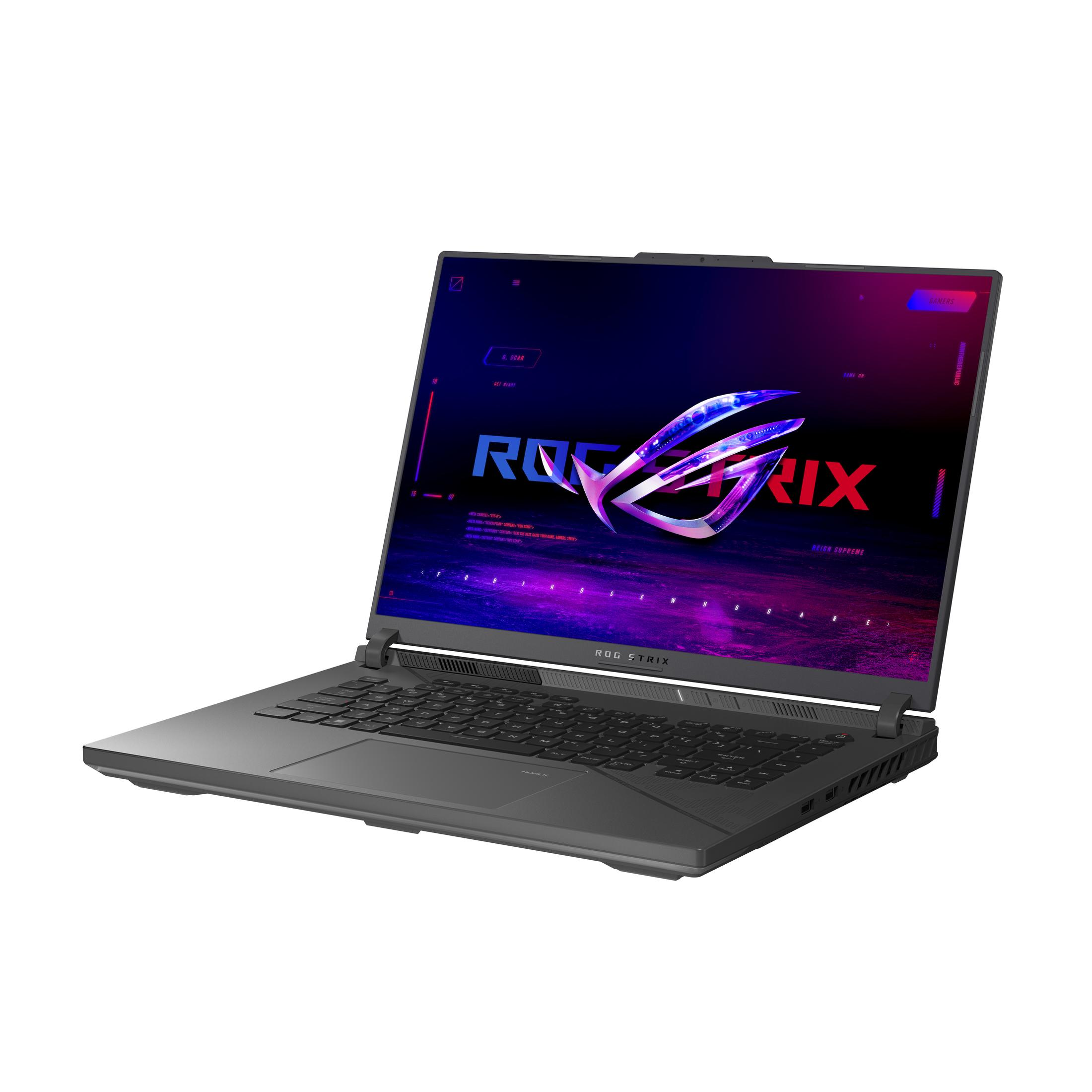 Schwarzer Laptop mit ROG STRIX Logo auf dem Bildschirm, schräge Ansicht, dunkler Hintergrund.