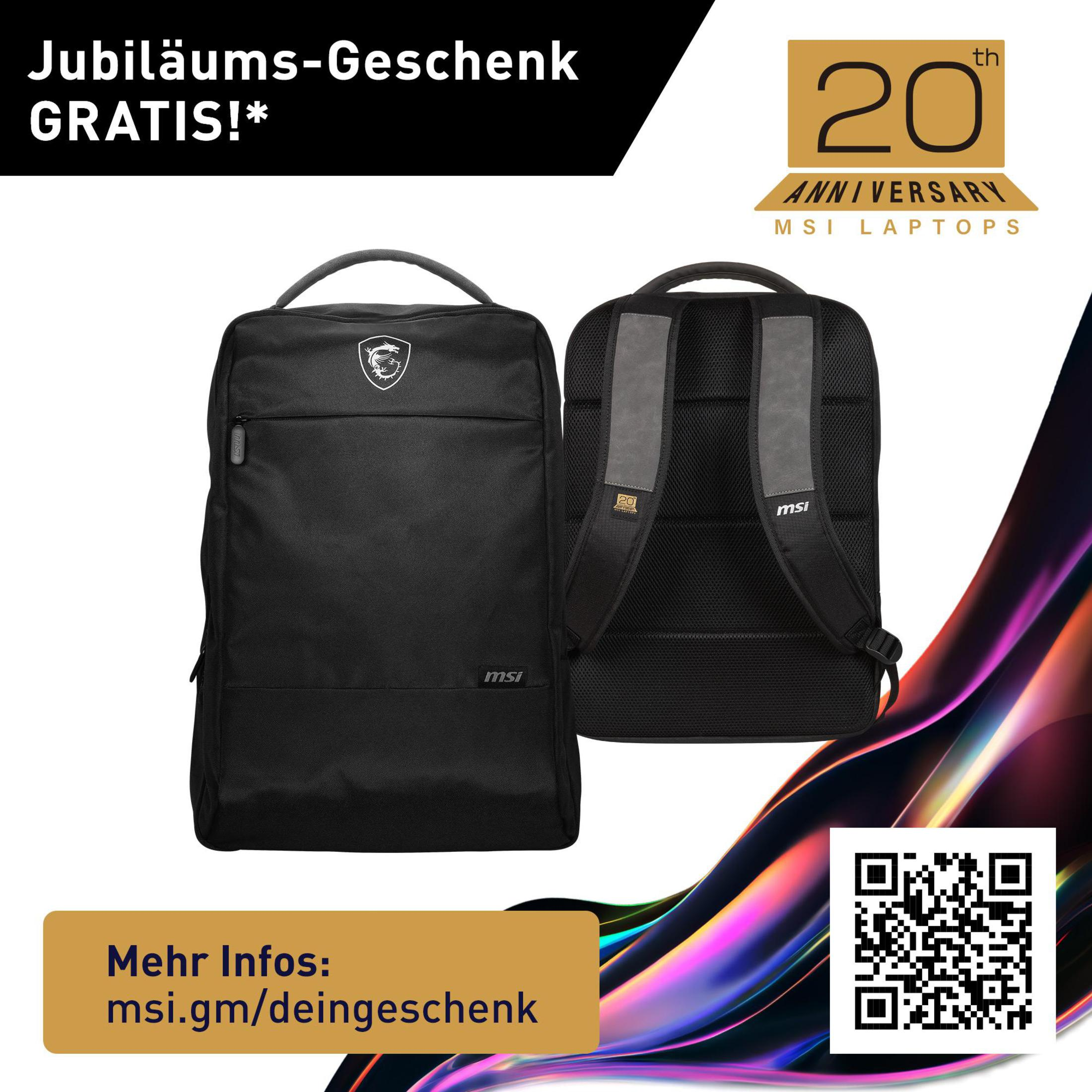 Zwei schwarze Laptop-Rucksäcke. Text und ein QR-Code auf der Oberfläche. Weißer Hintergrund.