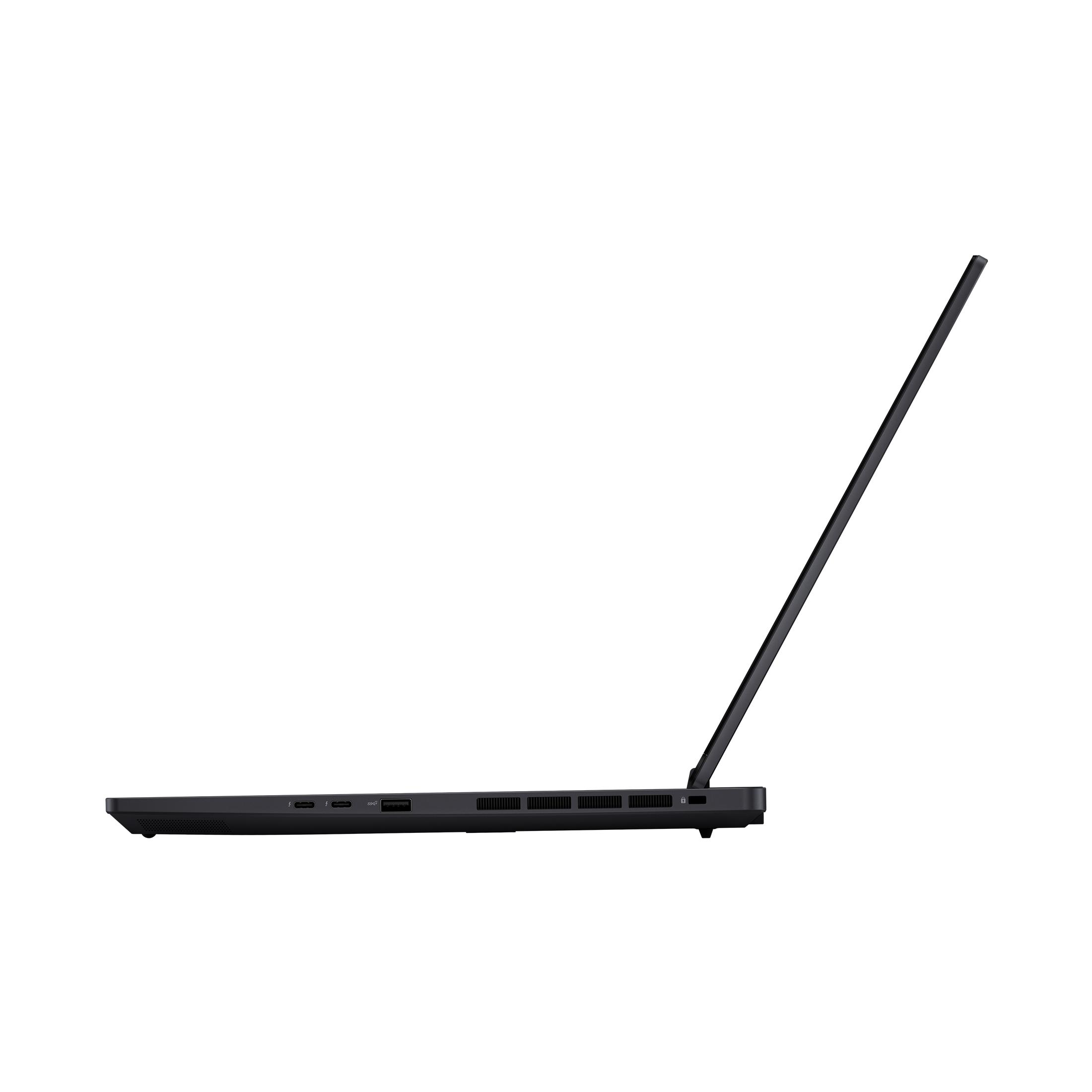 Seitenansicht eines schwarzen Laptops. Der Bildschirm ist geöffnet.