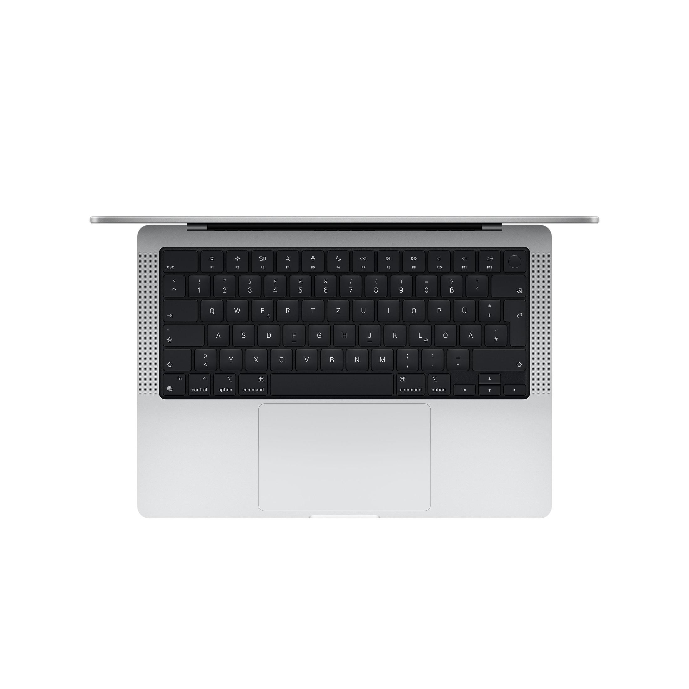 Draufsicht auf ein MacBook Pro mit schwarzer Tastatur. Es ist geöffnet und zeigt Tasten und Trackpad.