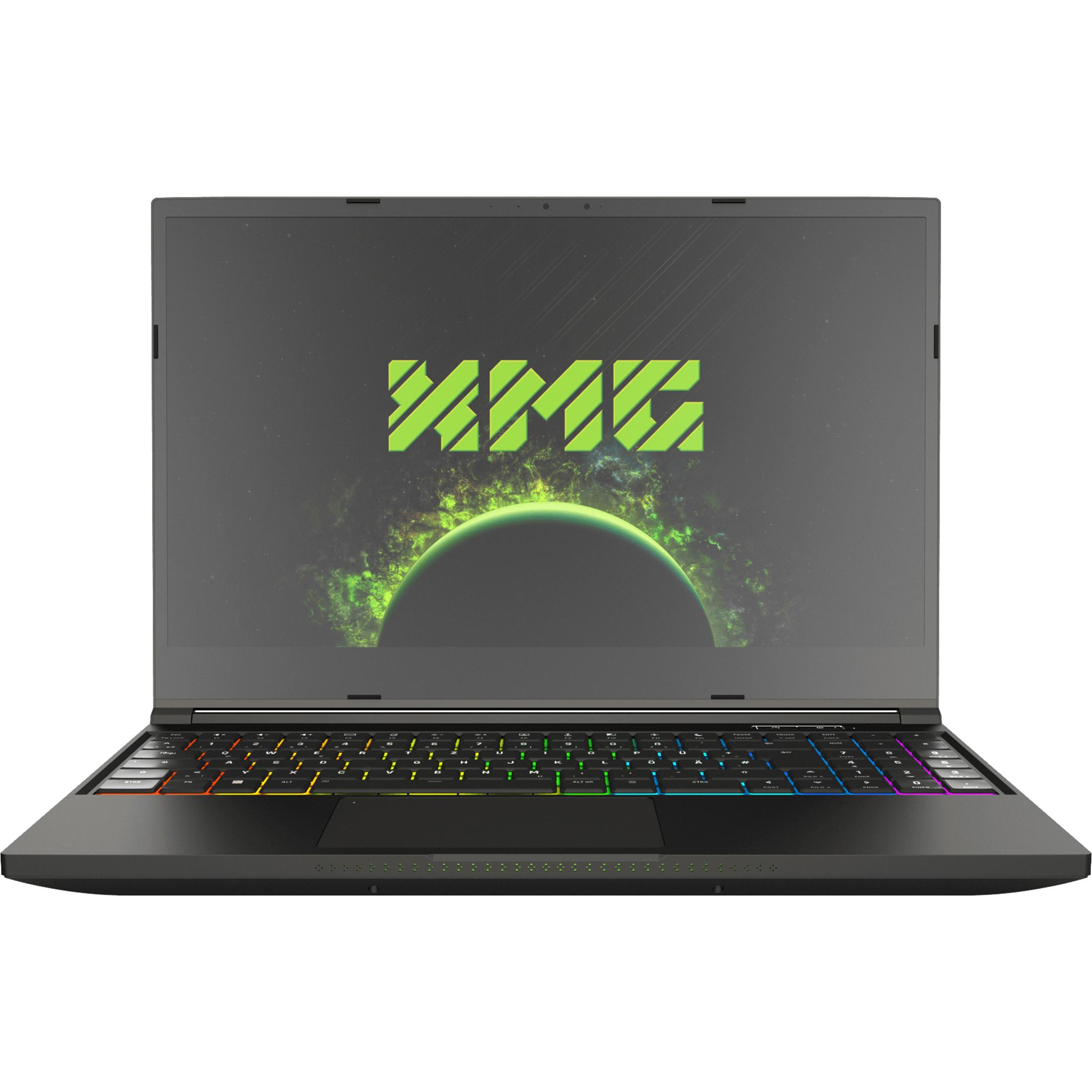 Schwarzer Laptop geöffnet, Bildschirm zeigt grünes und violettes Design. RGB-Tastatur. Weißer Hintergrund.