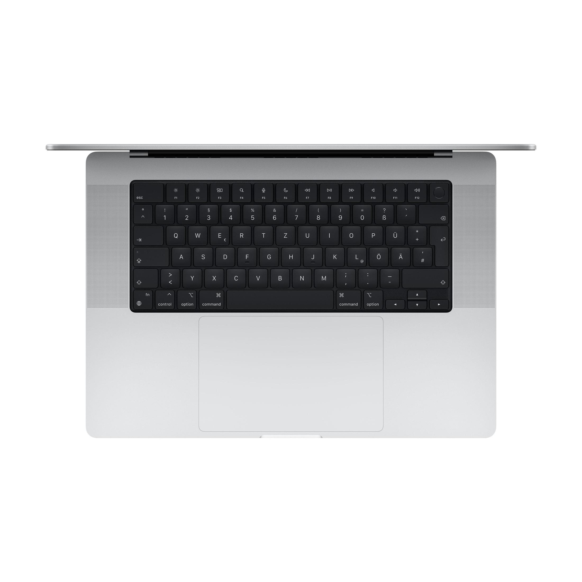Ein silberner Laptop mit schwarzer Tastatur, geöffnet und von oben betrachtet, auf weißem Hintergrund.