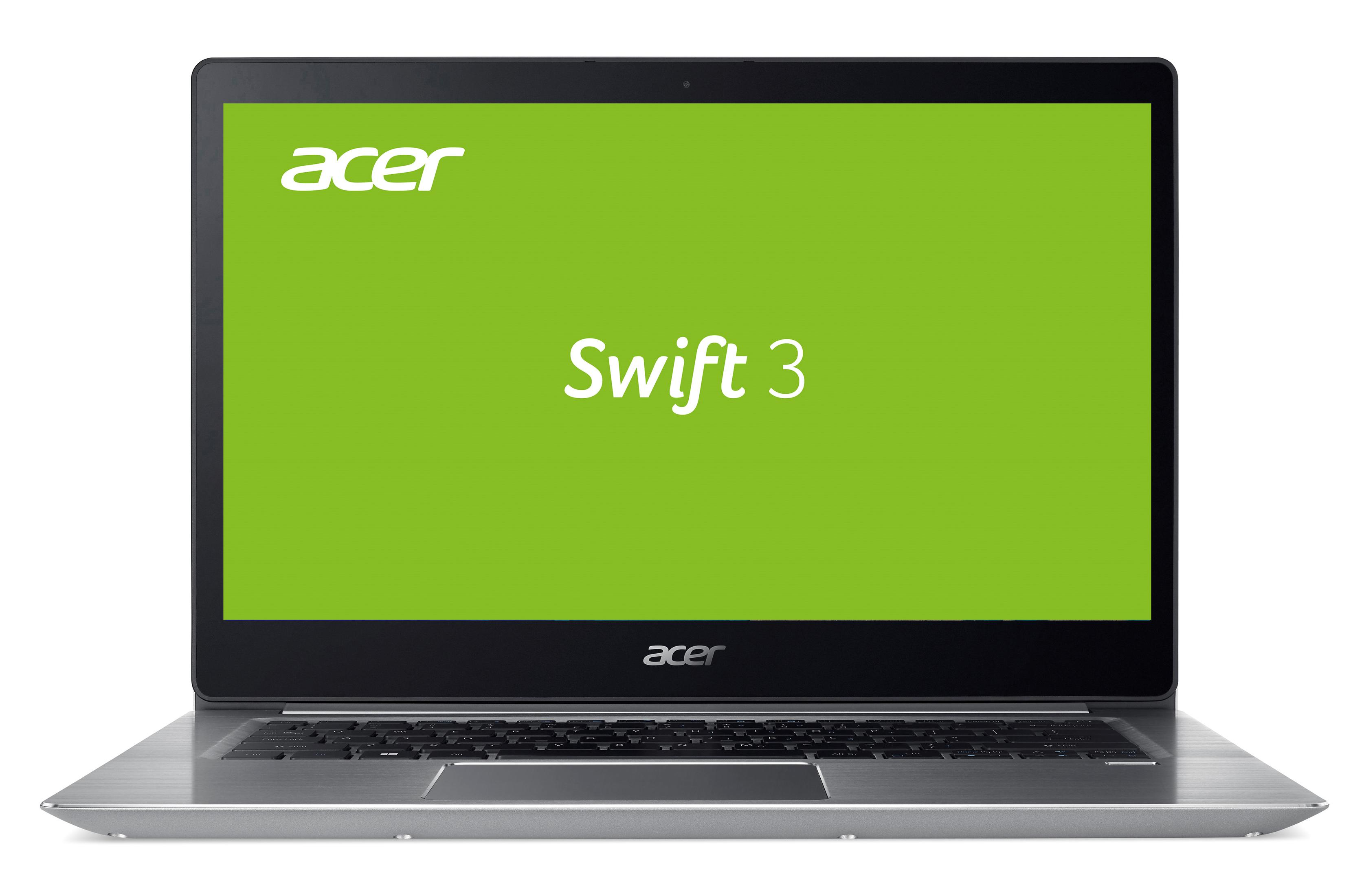 Acer Swift 3 Laptop. Bildschirm zeigt grünen Farbverlauf mit Acer Swift 3 in Weiß.