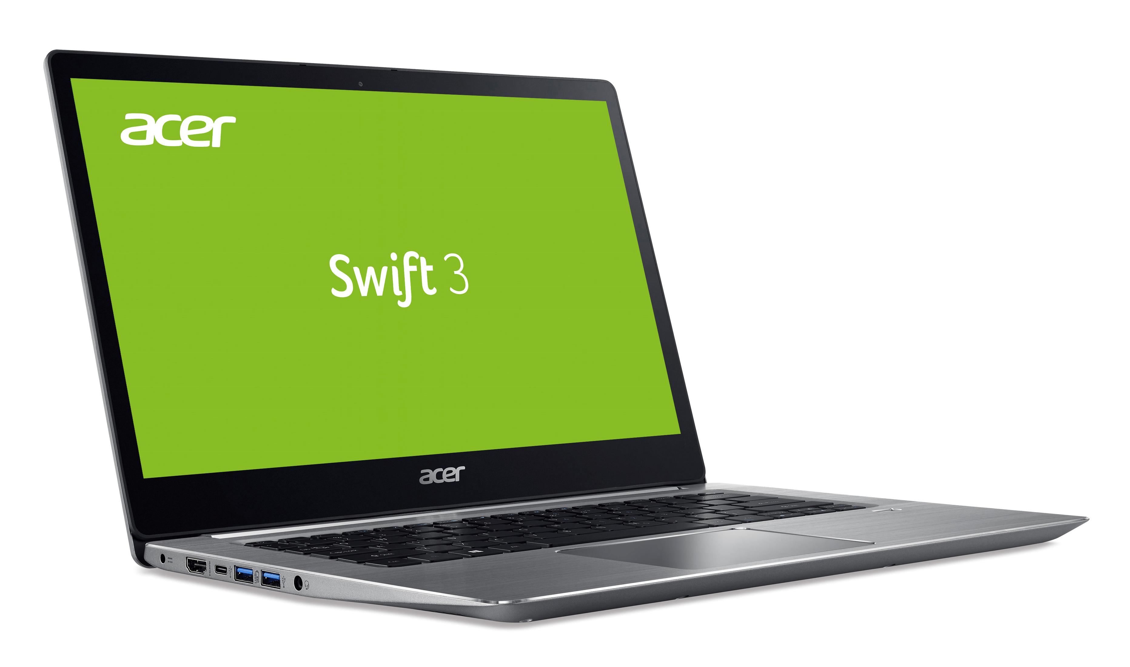 Acer Swift 3 Laptop, offen, grüner Bildschirm mit Text, auf weißem Grund.