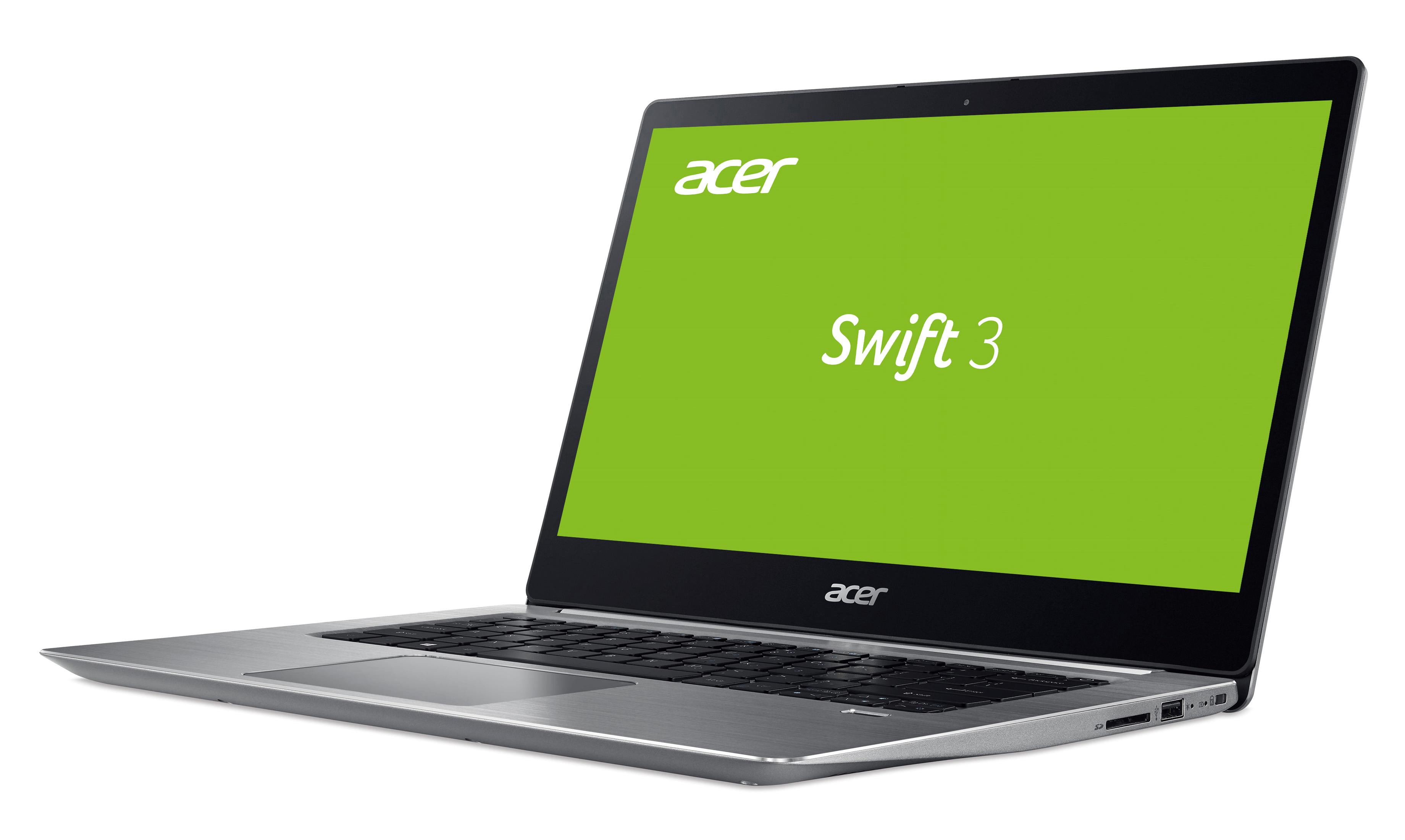 Ein silberner Laptop ist geöffnet, mit einem grünen Bildschirm, auf dem 'Swift 3' und Acer stehen.