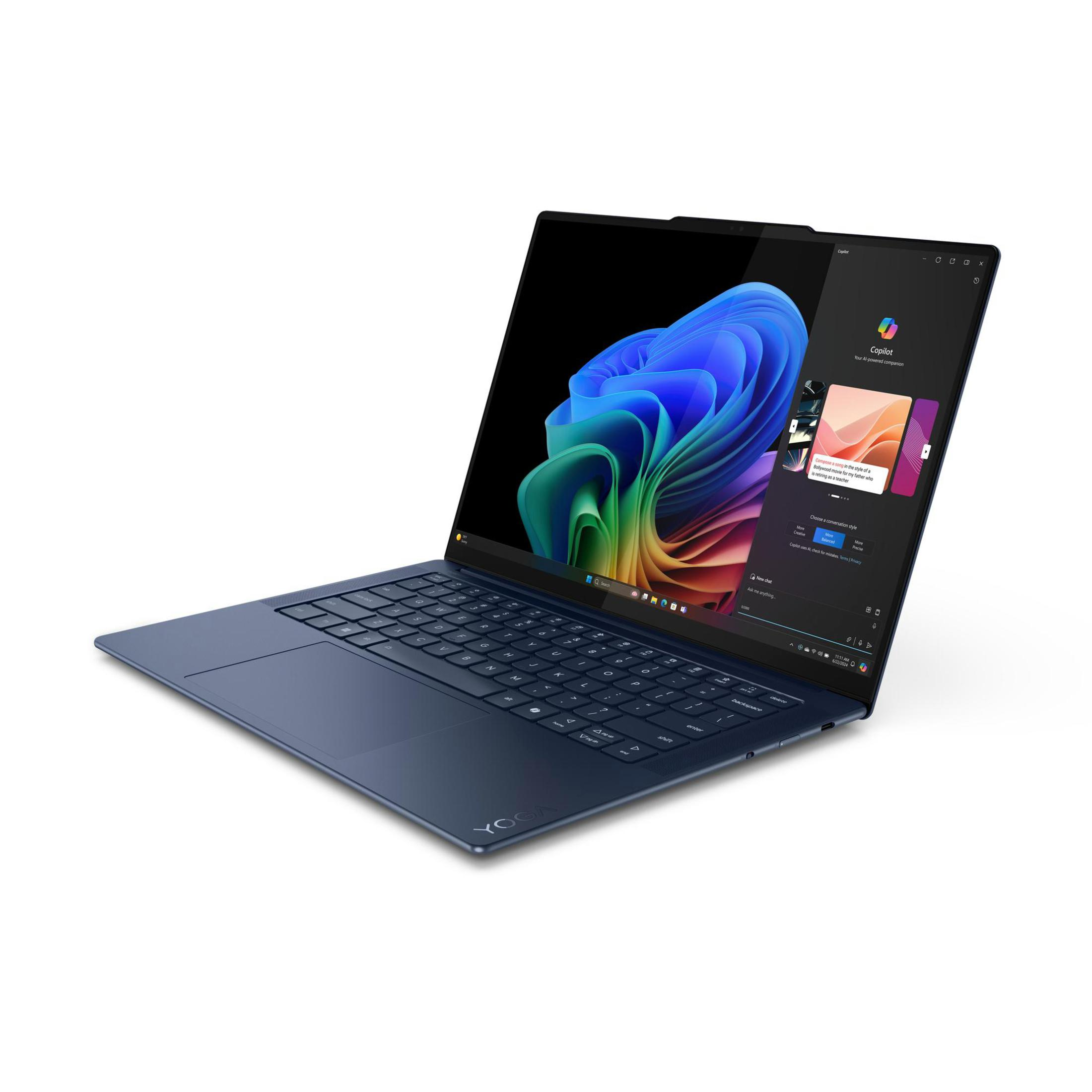 Blauer Lenovo Yoga-Laptop geöffnet. Der Bildschirm zeigt eine farbenfrohe Benutzeroberfläche von Softwareanwendungen.