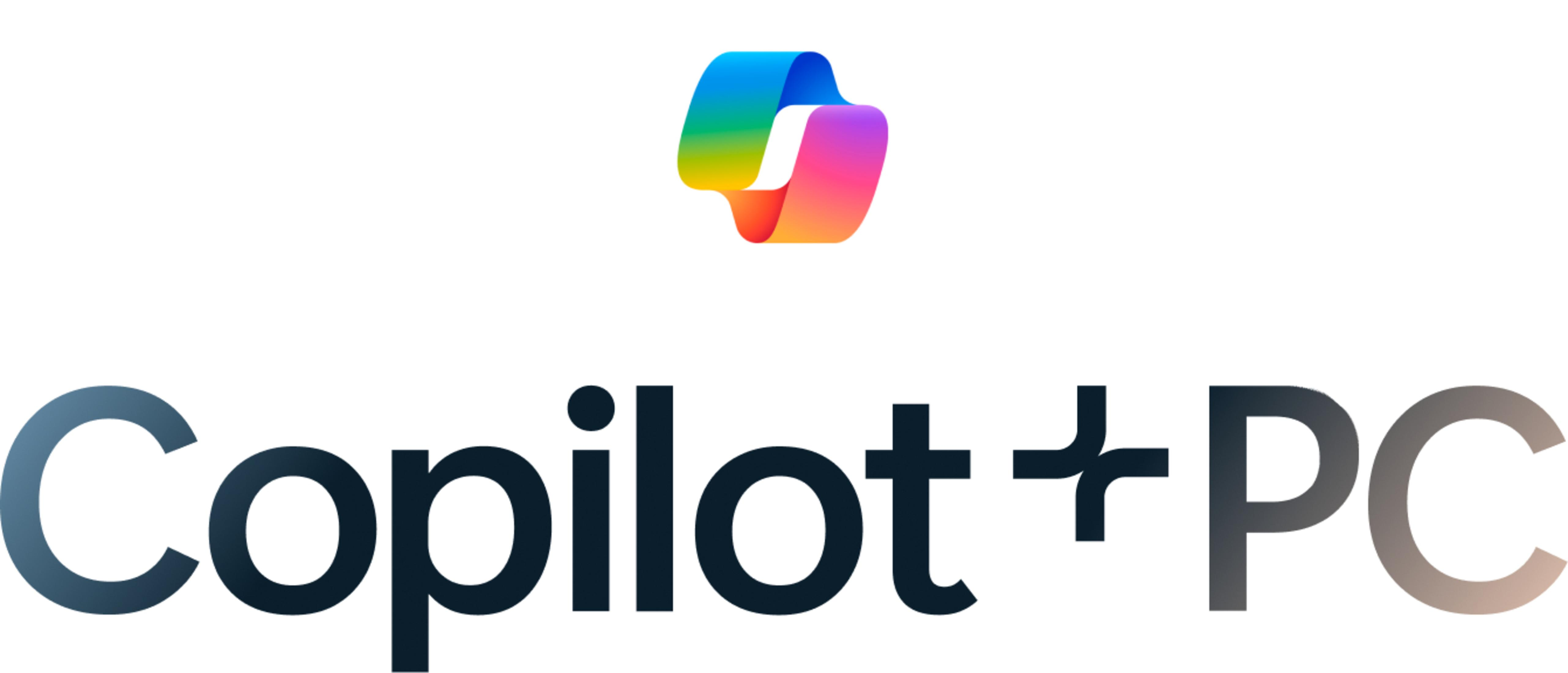 Copilot+PC-Logo mit farbigem Band und Text auf weißem Hintergrund.