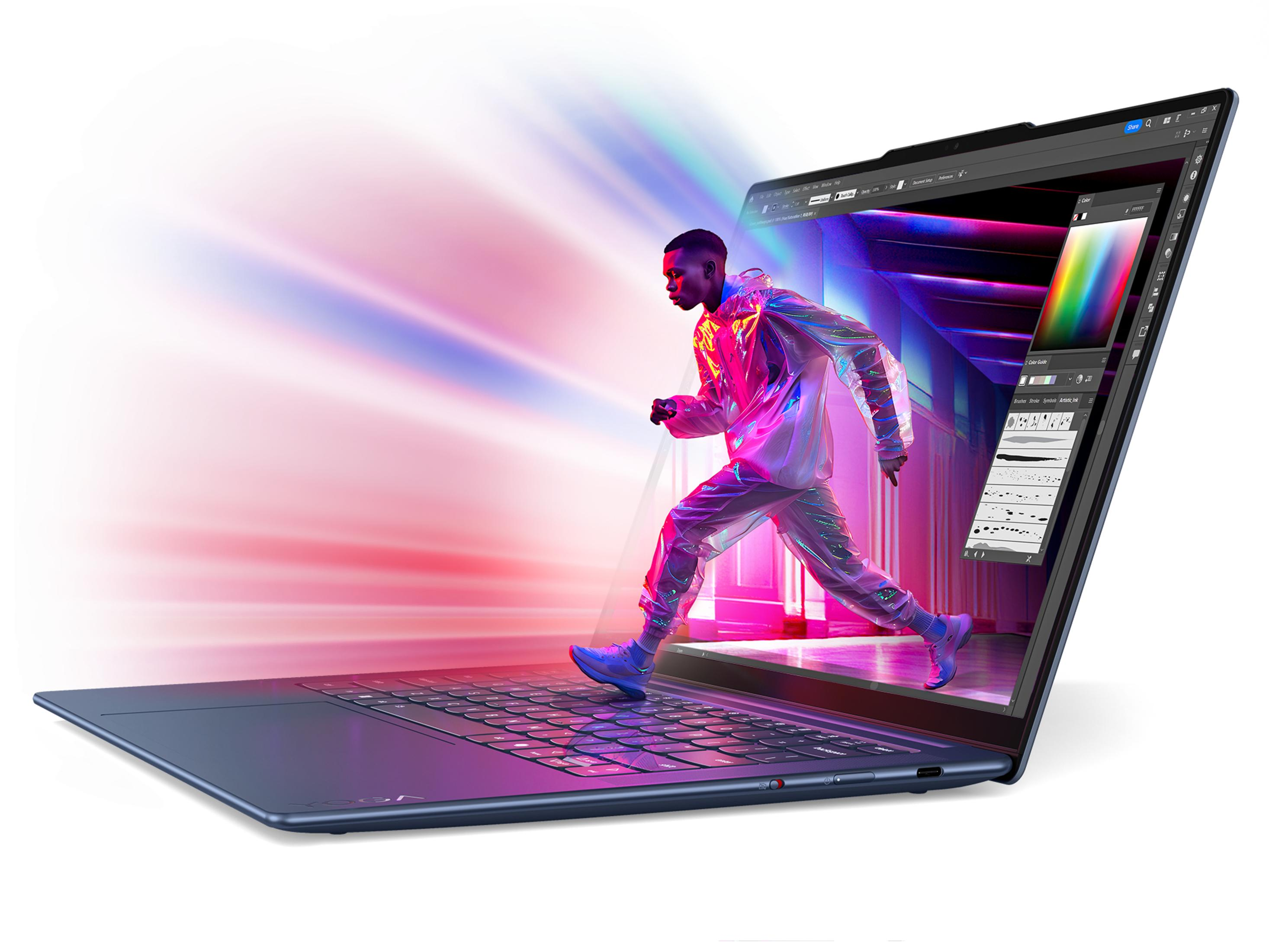 Laptop mit Mann, der aus dem Bildschirm in einen bunten Lichtstrahl rennt. Design-App sichtbar.