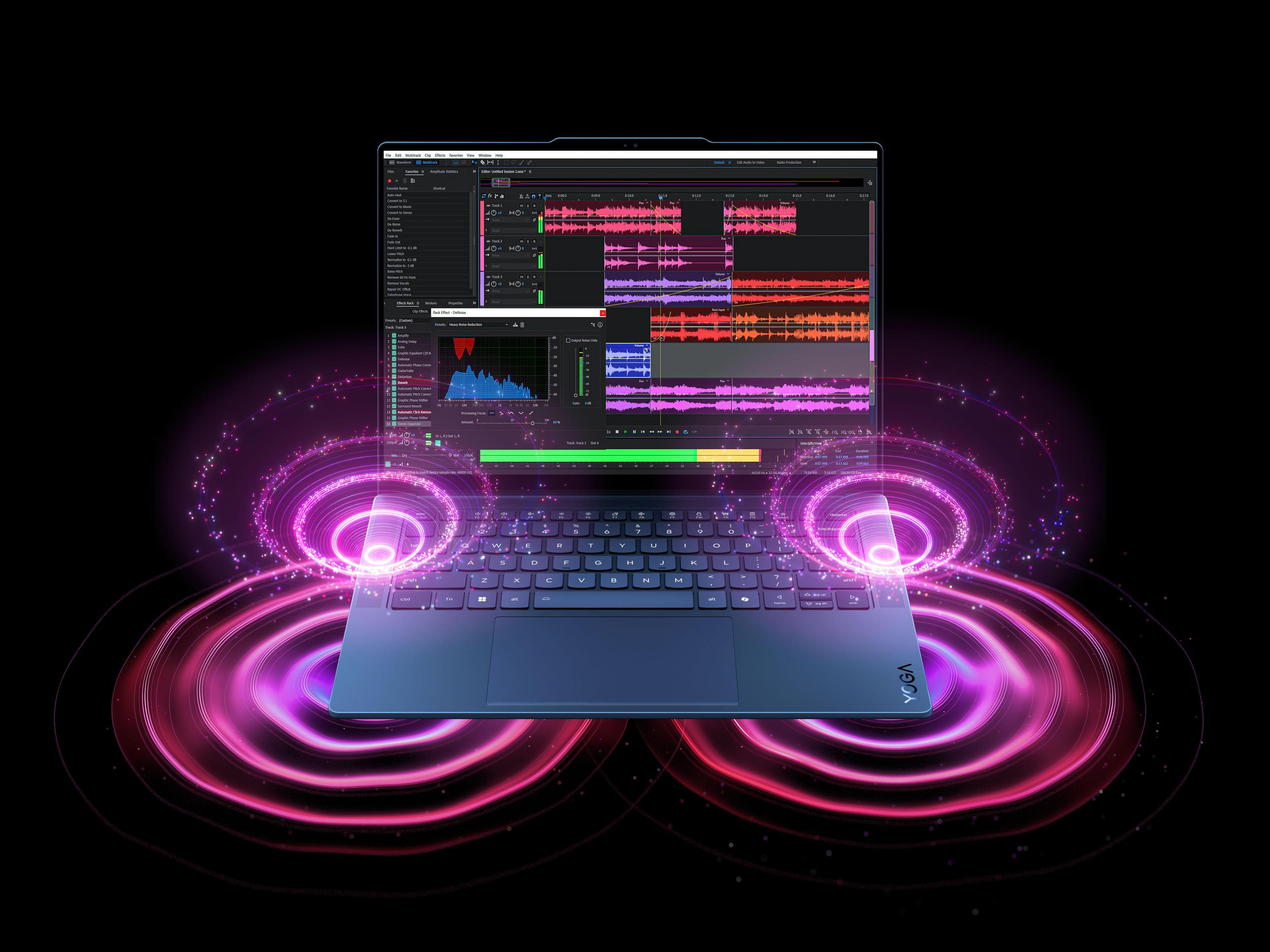 Geöffneter Laptop mit Audioschnittsoftware auf dem Bildschirm, umgeben von Schallwellen.