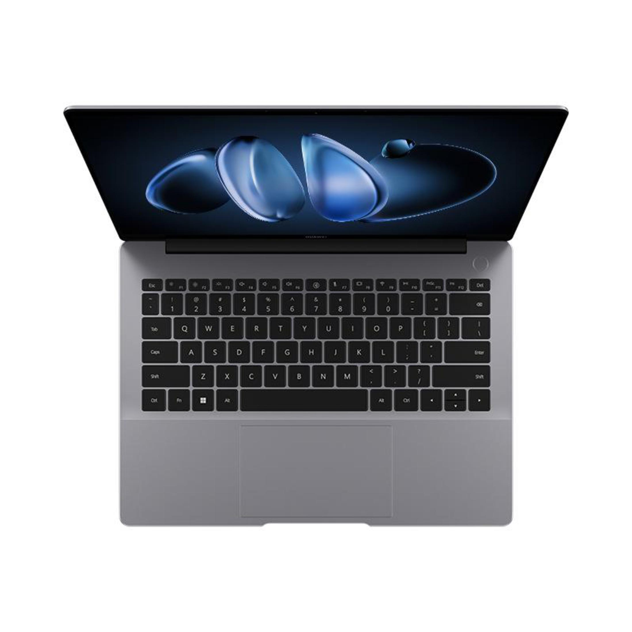 Laptop z góry. Otwarty, z klawiaturą i gładzikiem. Ekran jest czarny.