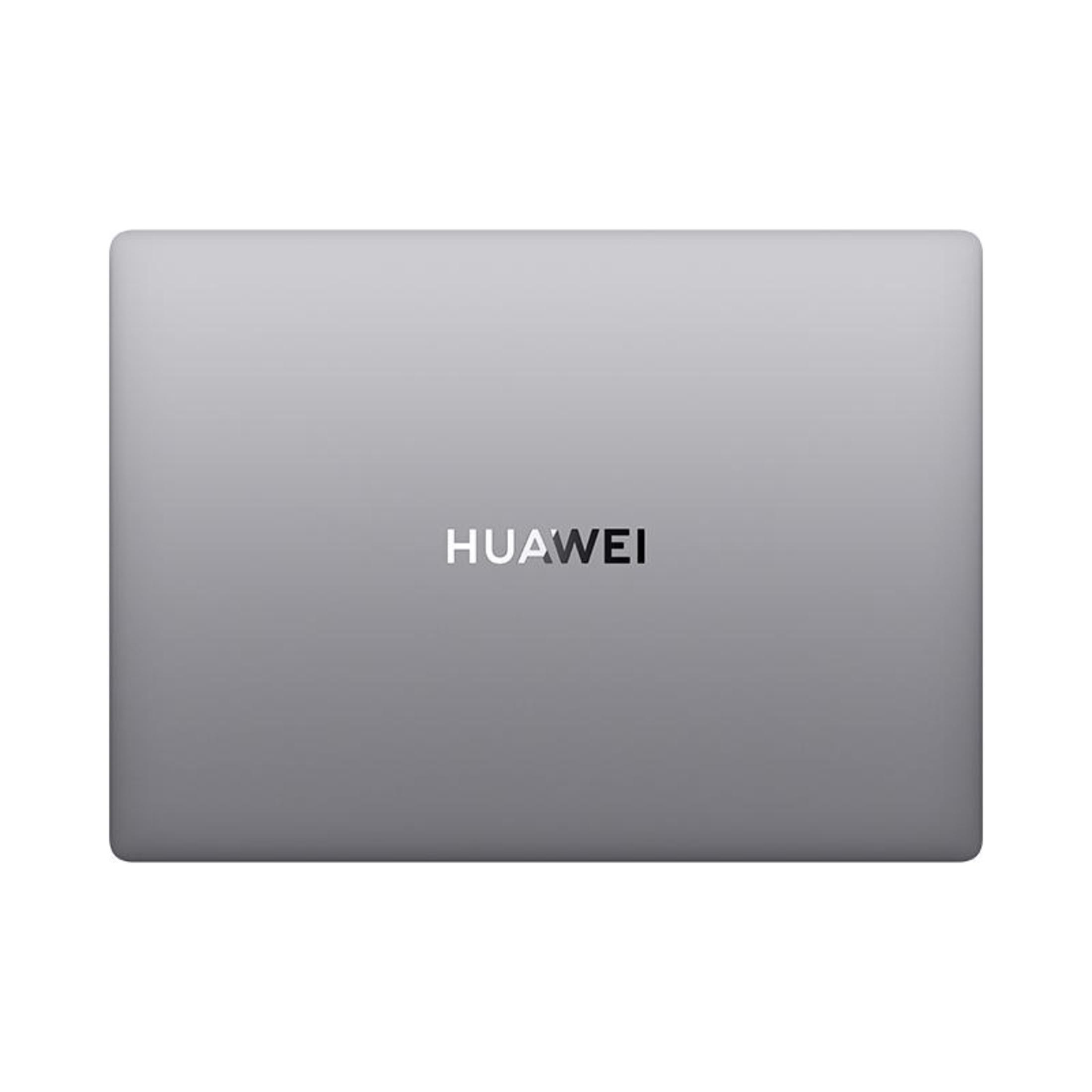 Szary laptop, zamknięty, z logo Huawei na środku pokrywy, na białym tle.