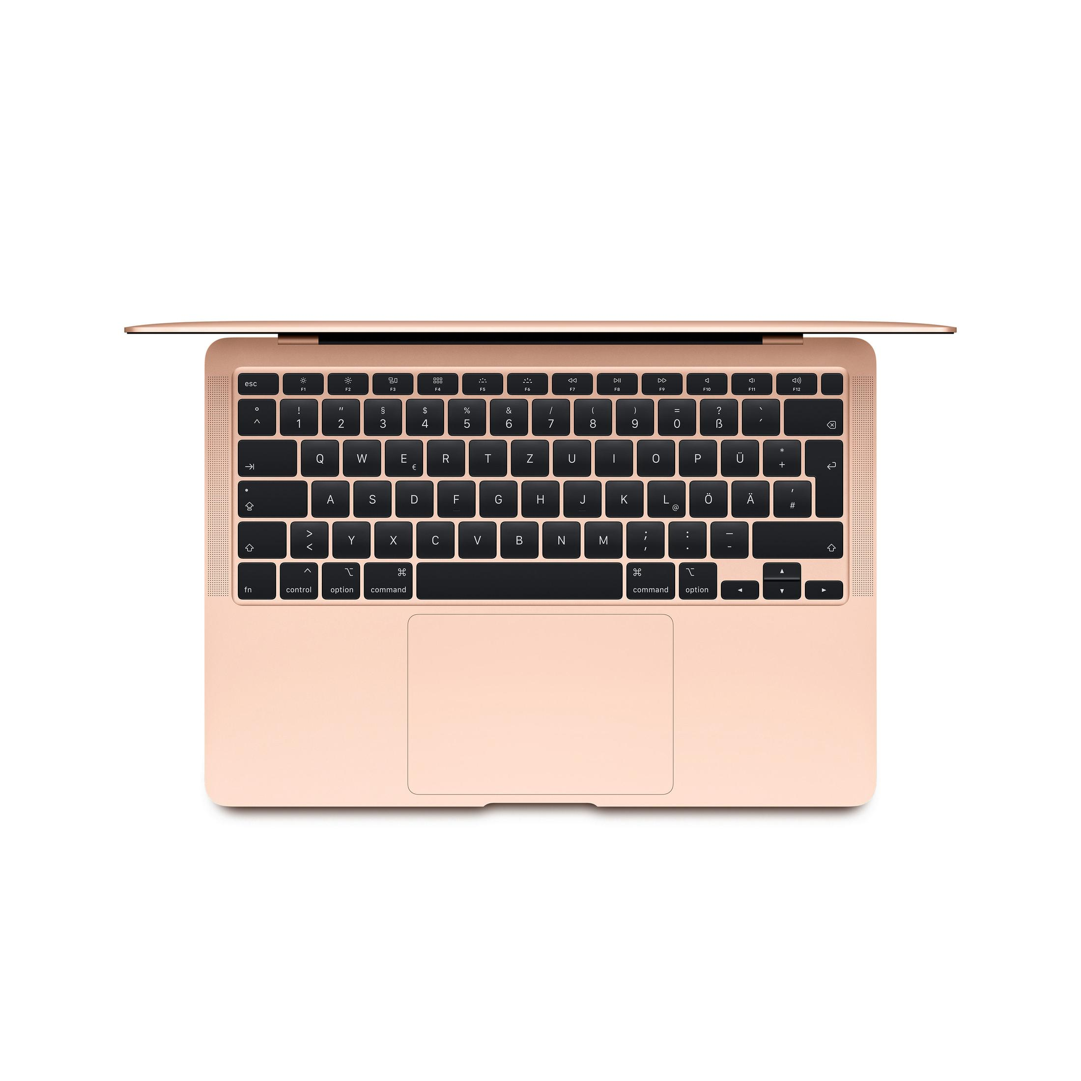 Ein roségoldenes Laptop offen, Tastatur und Trackpad zeigend.