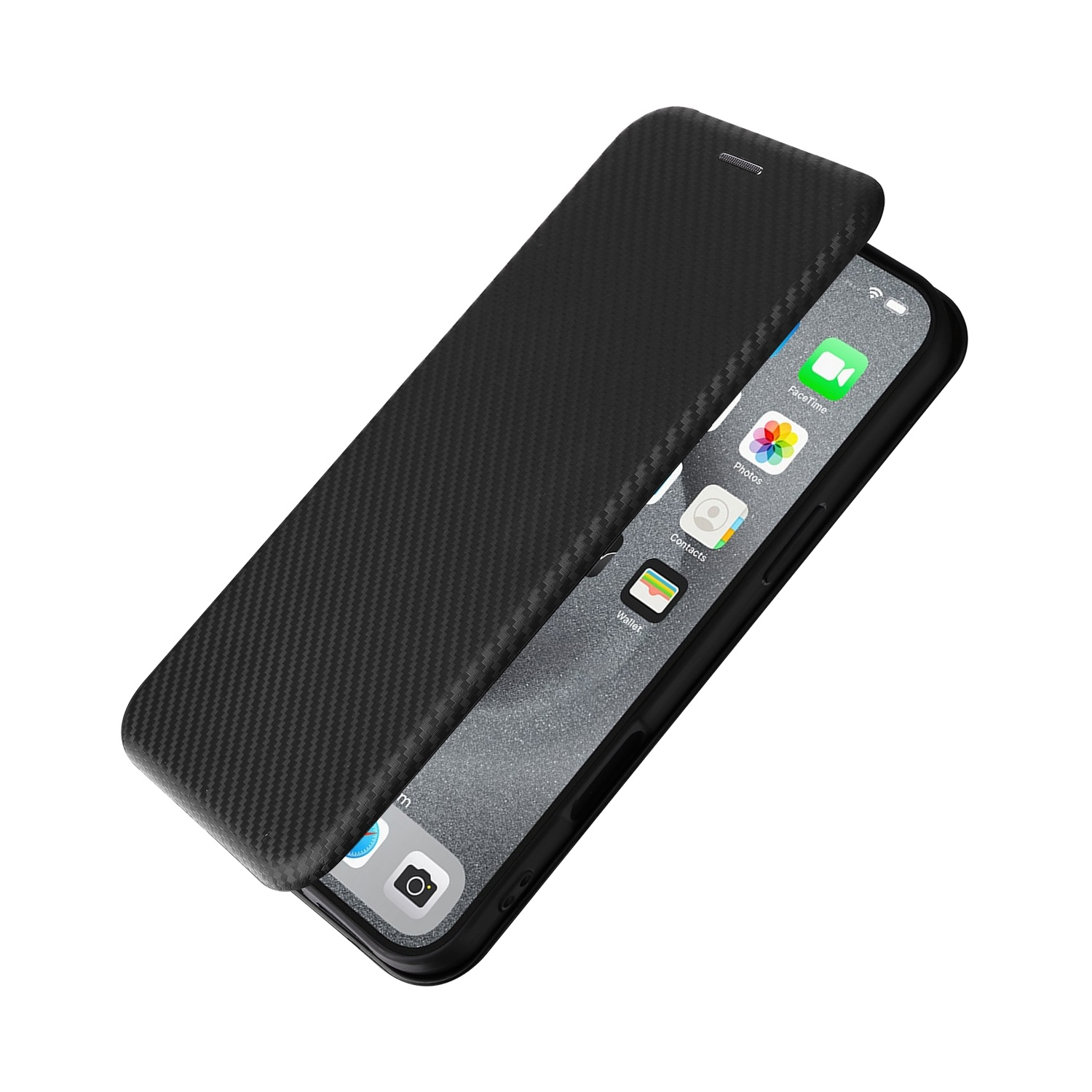 Schwarzes Telefon in einer schwarzen Hülle. Hülle ist geöffnet, Bildschirm zeigt Apps.
