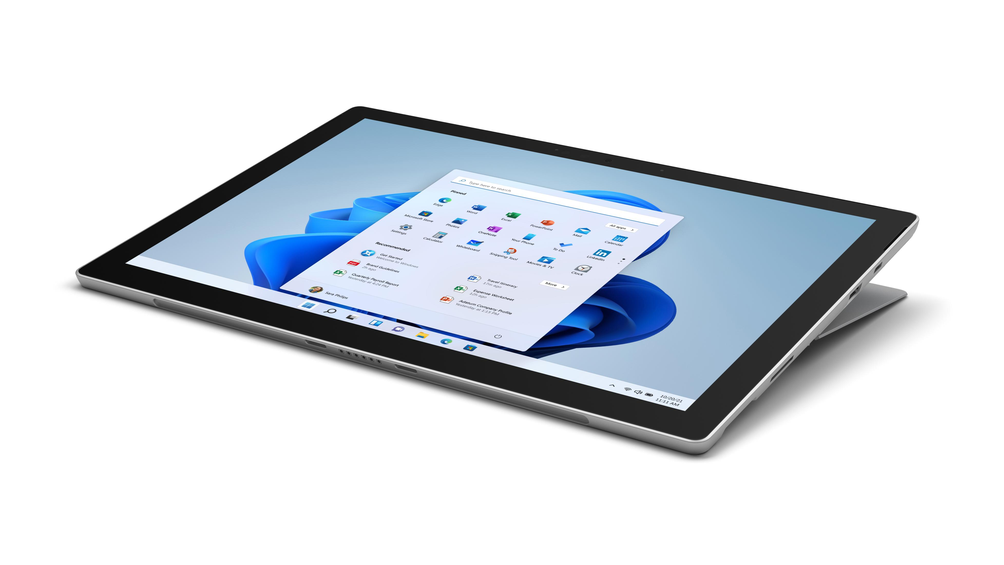 Tablet mit Windows 11-Oberfläche auf dem Bildschirm auf weißem Hintergrund.