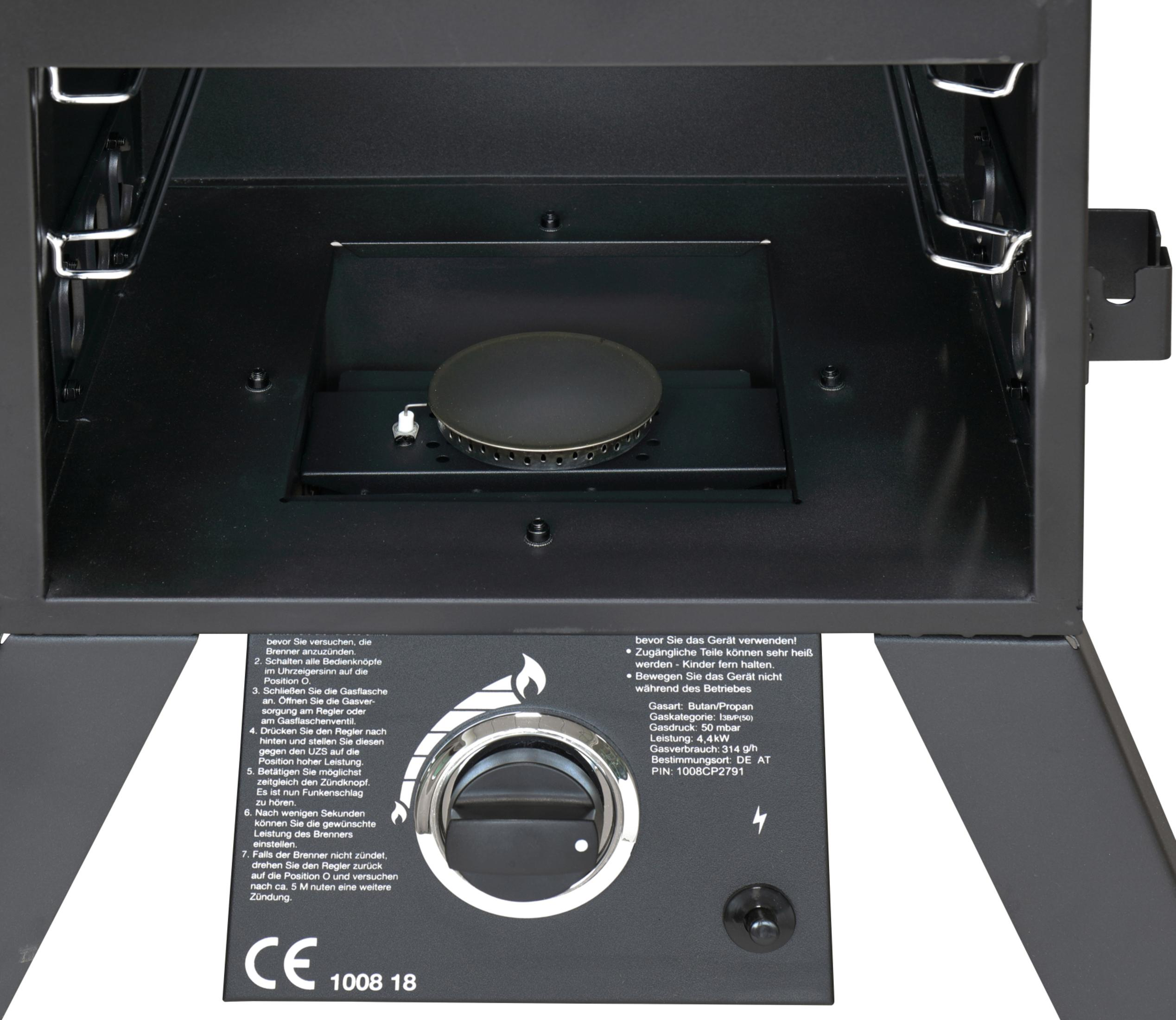 Nahaufnahme der Gasgrill-Bedienelemente und -Brenner. Schwarz und Silber. Weißer Hintergrund.