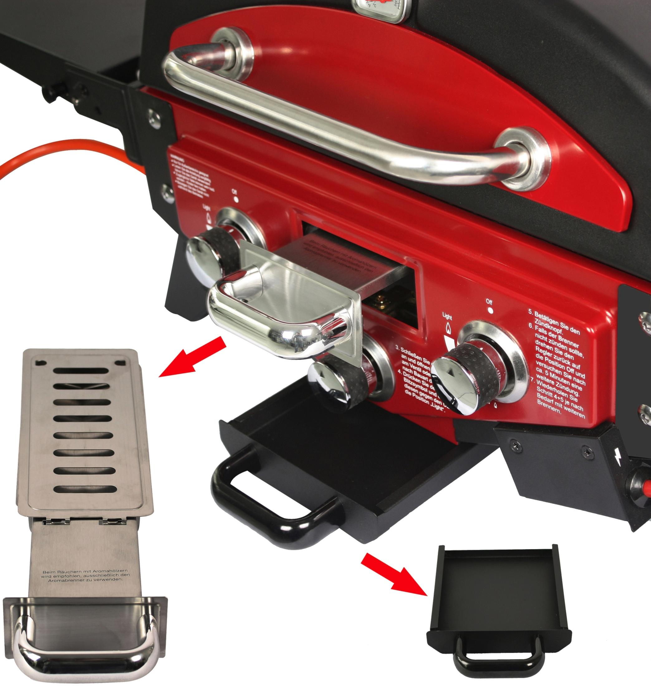 Gasgrill mit roter Front. Zeigt Bedienelemente und abnehmbare Komponenten. Pfeile zeigen Teile an.