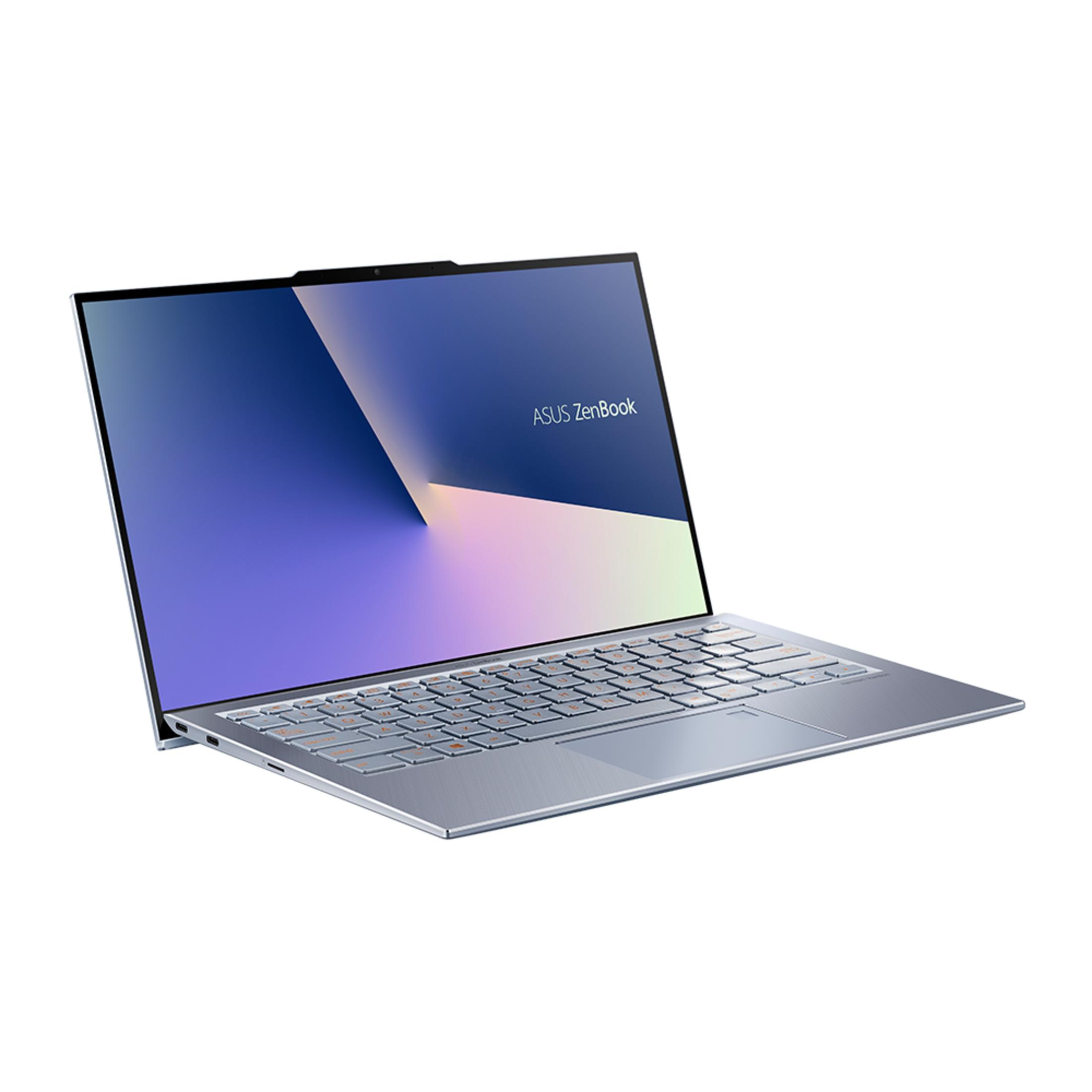 Ordinateur portable ASUS Zenbook bleu, légèrement ouvert. Écran affiche dégradé bleu et blanc. Fond blanc.