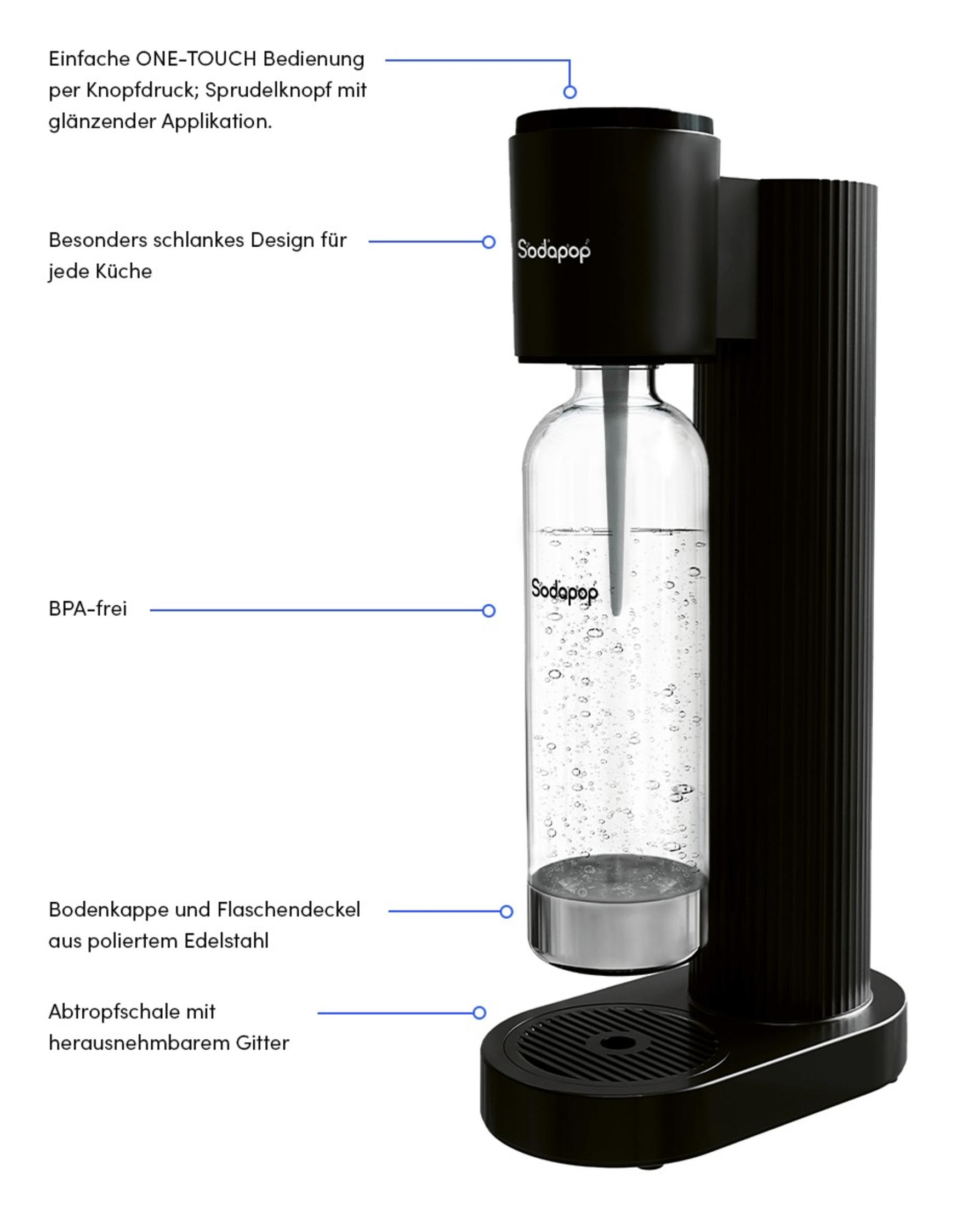 Schwarzer Sodamaker mit Glasflasche und Blasen. Es hat Etiketten.