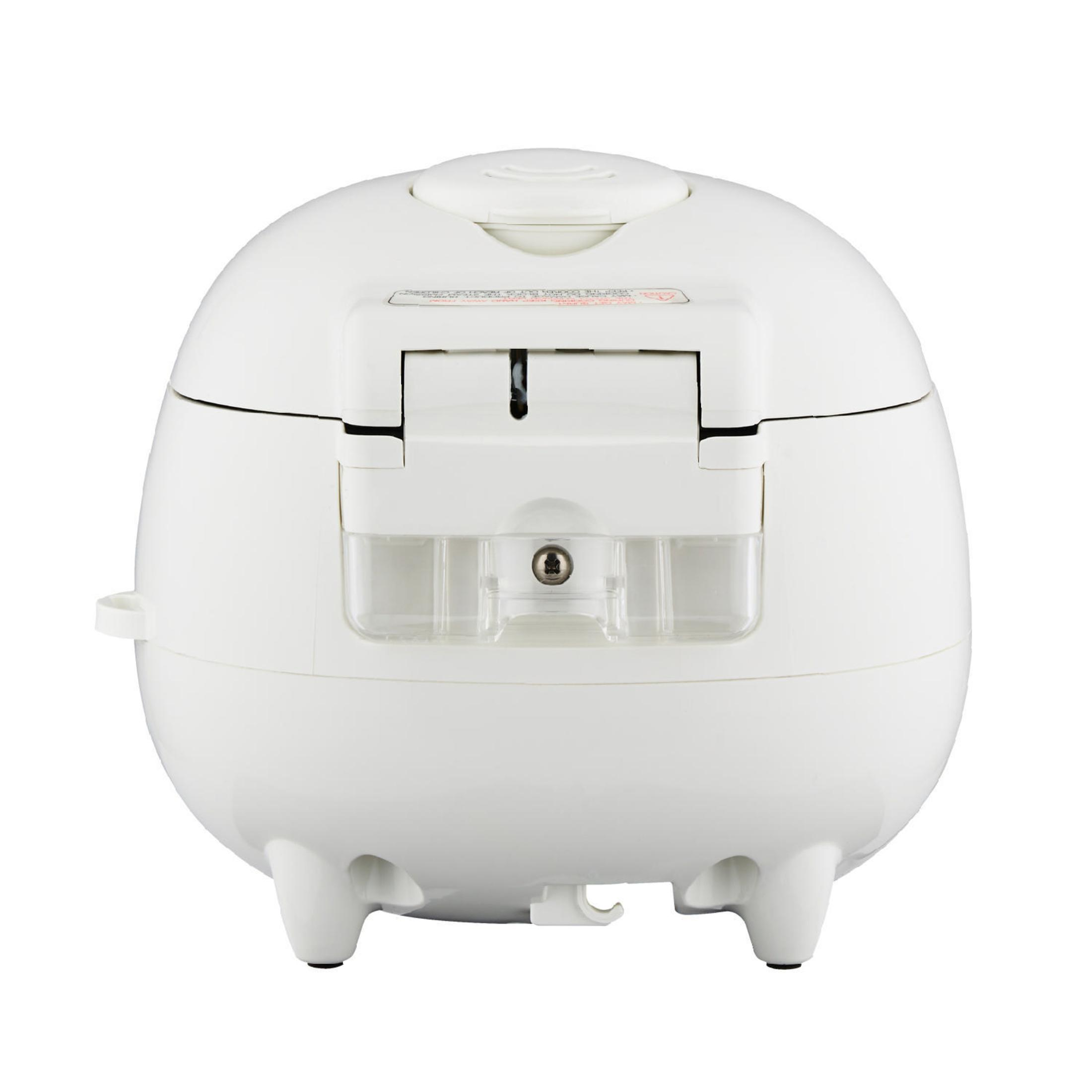 Biały garnek do ryżu z przezroczystym oknem, tyłem do kamery.