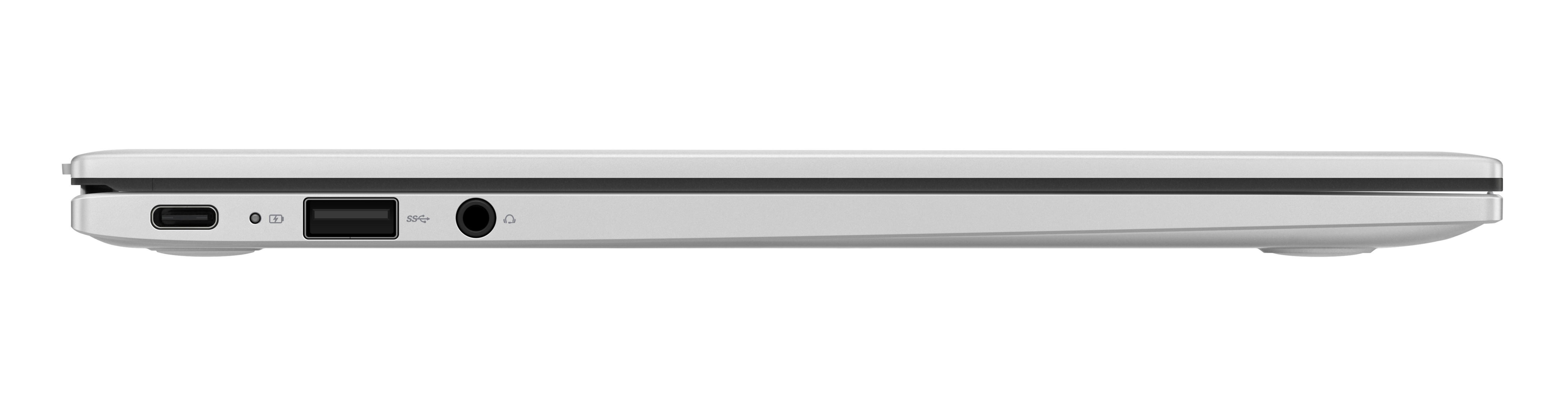 Seitenansicht eines silbernen Laptops mit Anschlüssen.
