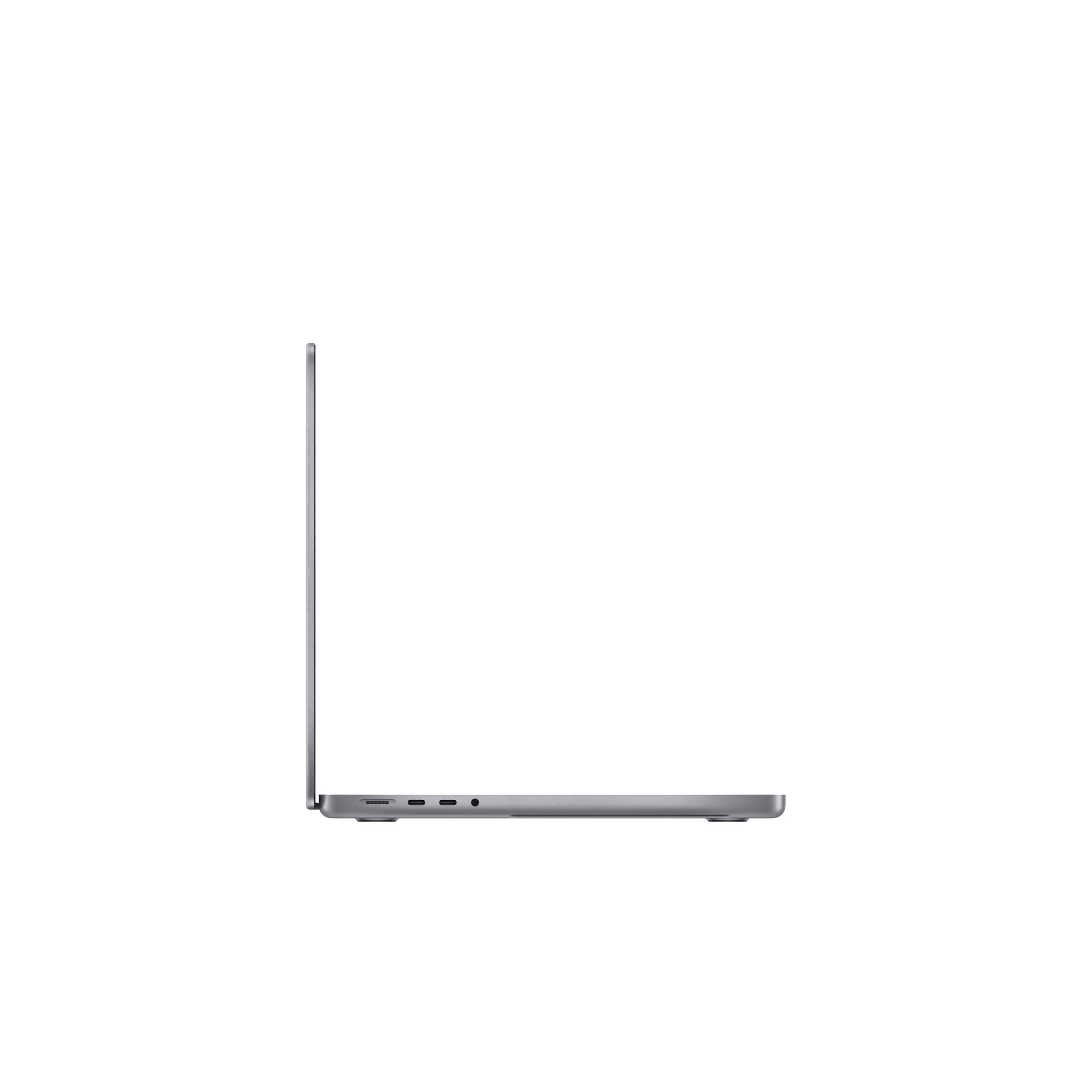 Seitenansicht eines grauen Laptops vor weißem Hintergrund.
