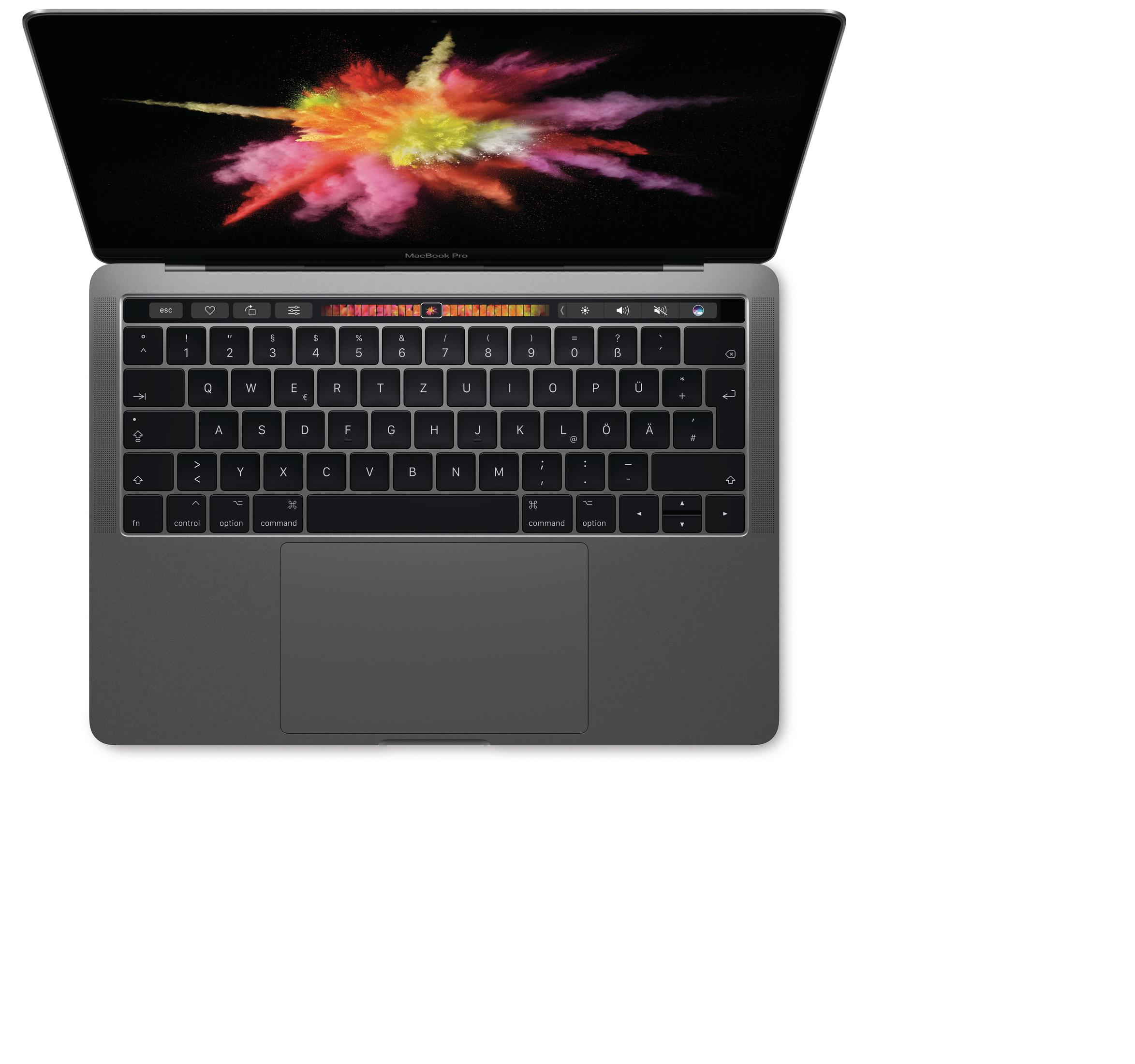 MacBook Pro abierto con pantalla colorida, teclado visible, fondo blanco.