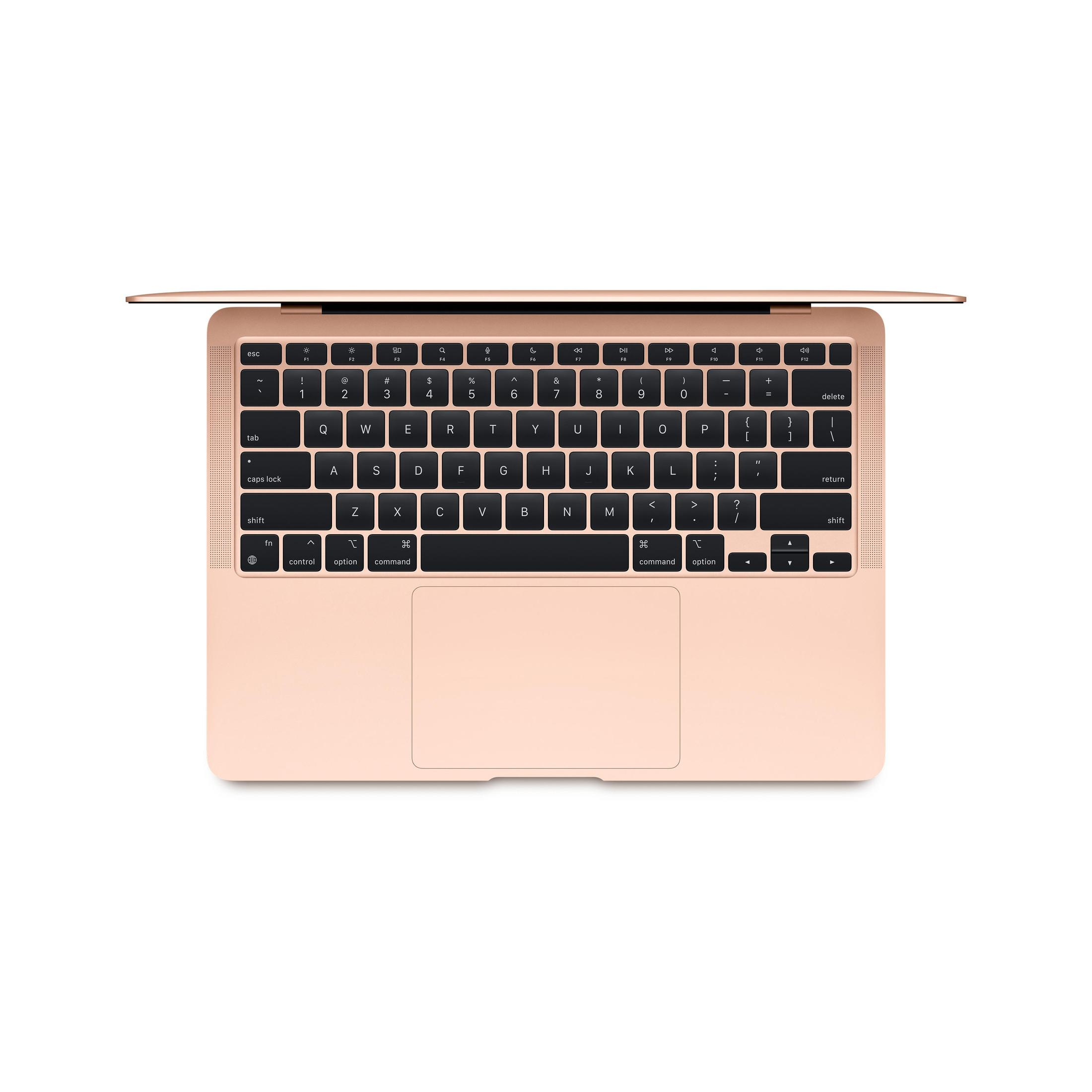 Roségoldener Laptop, Draufsicht, geöffnet, mit Tastatur und Trackpad.