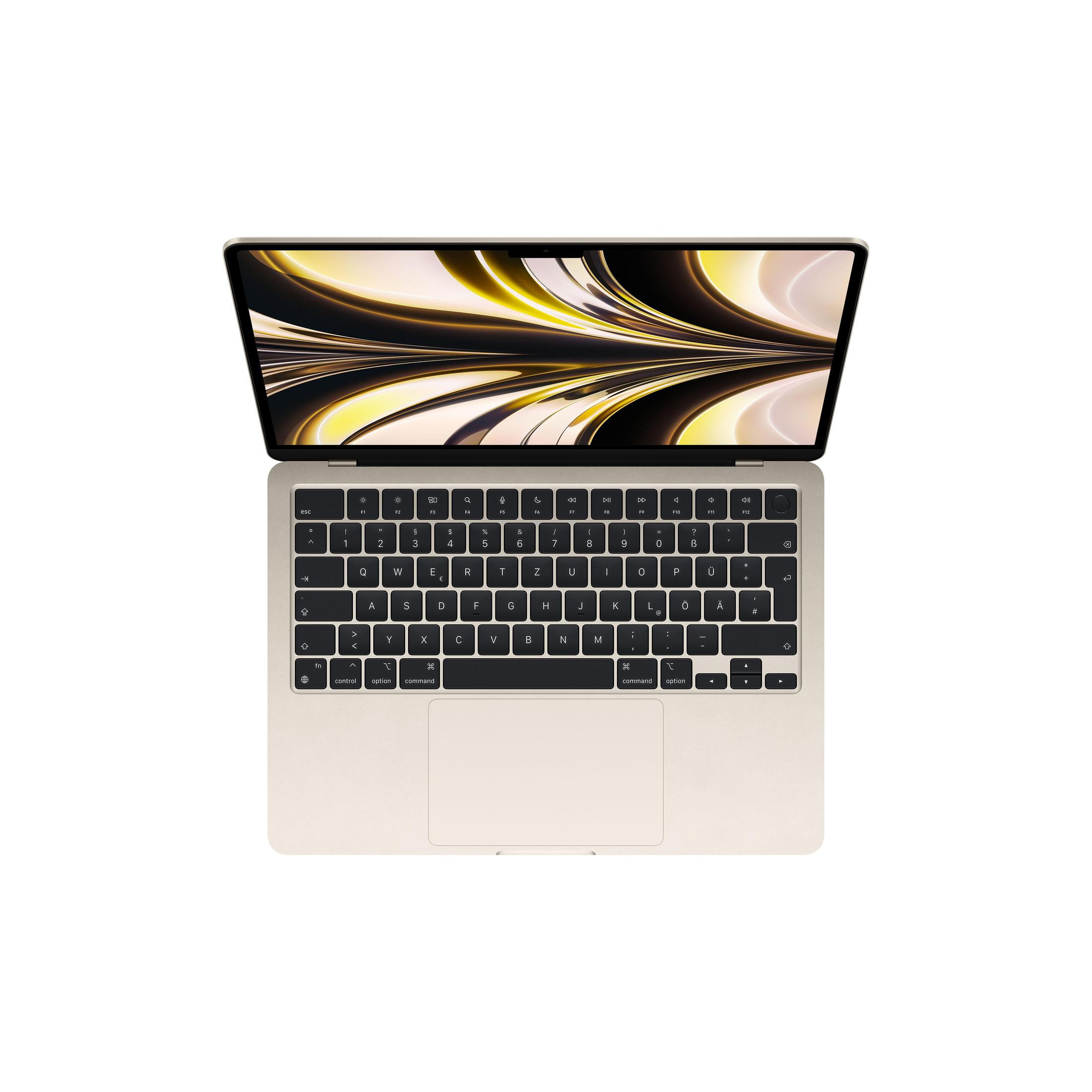 Laptop aperto, che mostra tastiera e schermo, colore oro, su sfondo bianco, vista dall'alto.