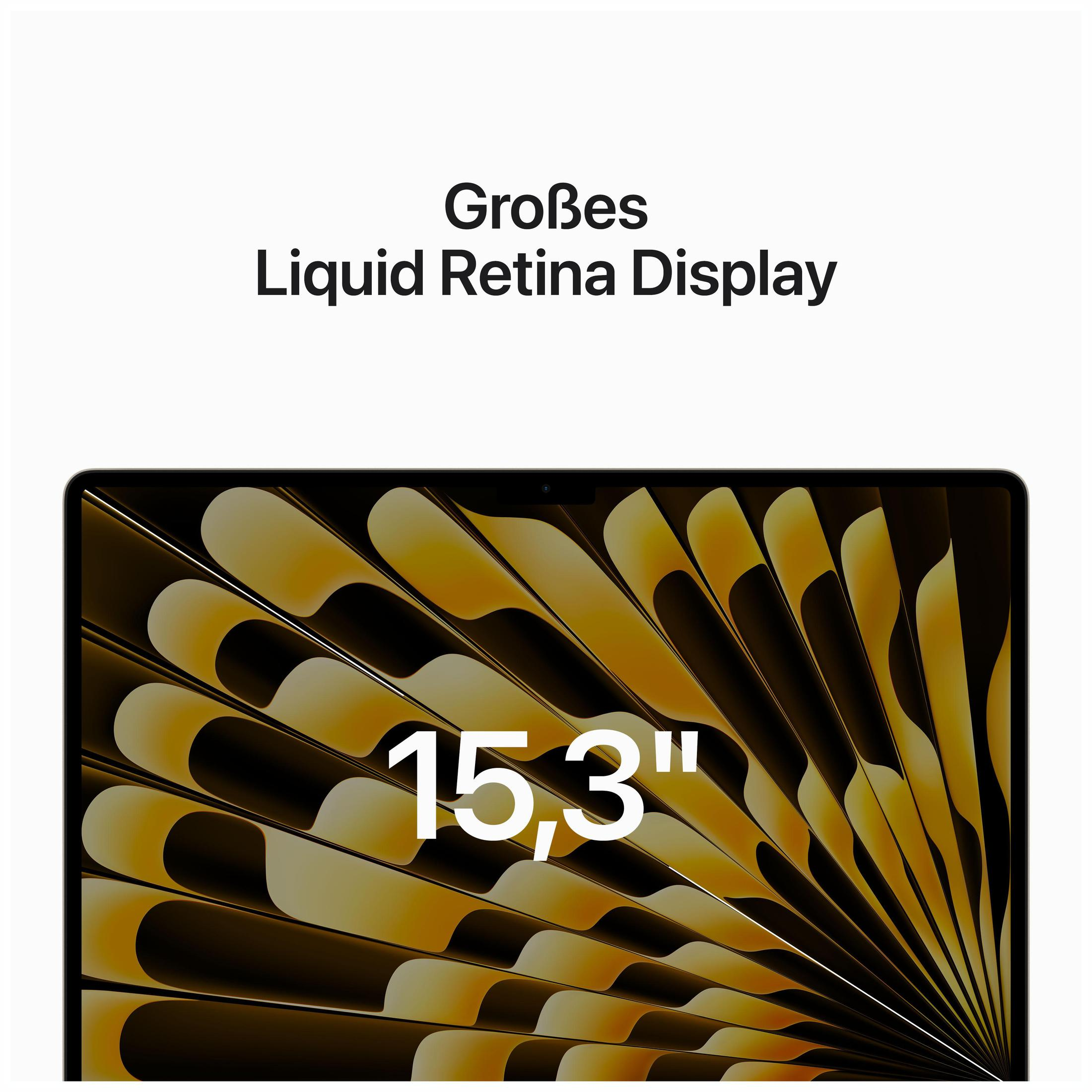 Laptop-Bildschirm zeigt goldenen Hintergrund mit Text 15,3" Liquid Retina Display.