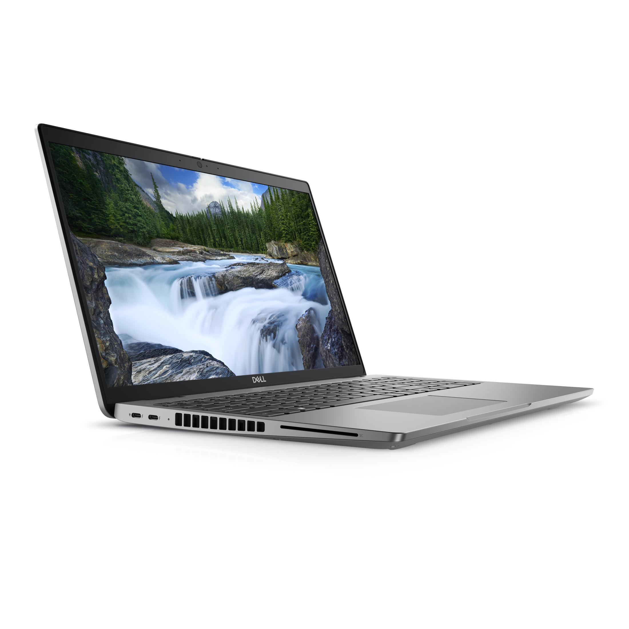 Laptop argento con una scena di cascata sullo schermo.
