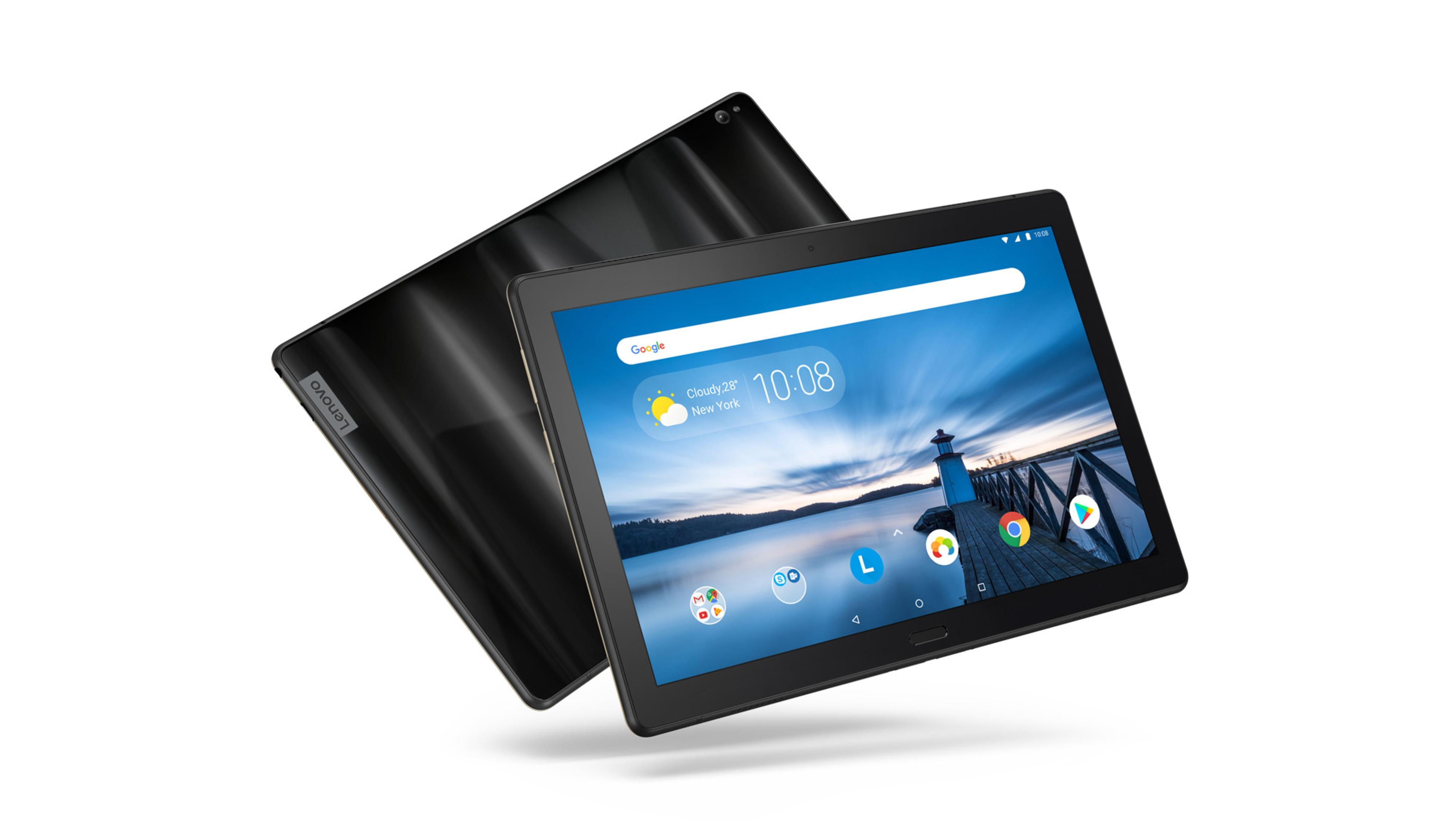 Zwei schwarze Lenovo-Tablets. Eines im Hintergrund, ein anderes im Vordergrund, das ein Display zeigt.