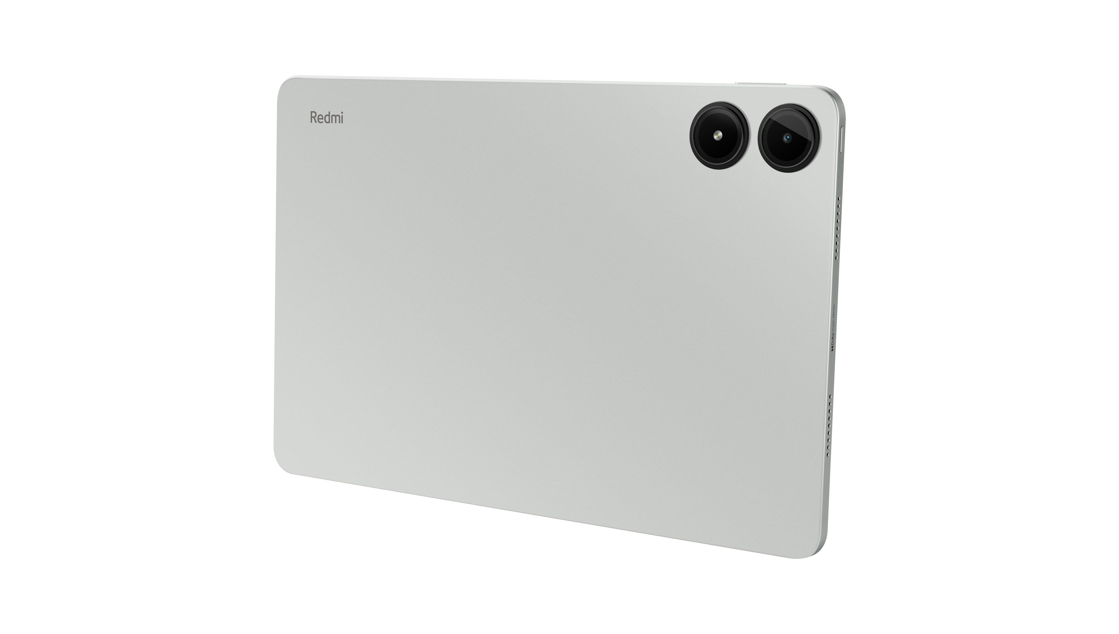 Tył srebrnego tabletu z dwoma aparatami. Logo Redmi w lewym górnym rogu.