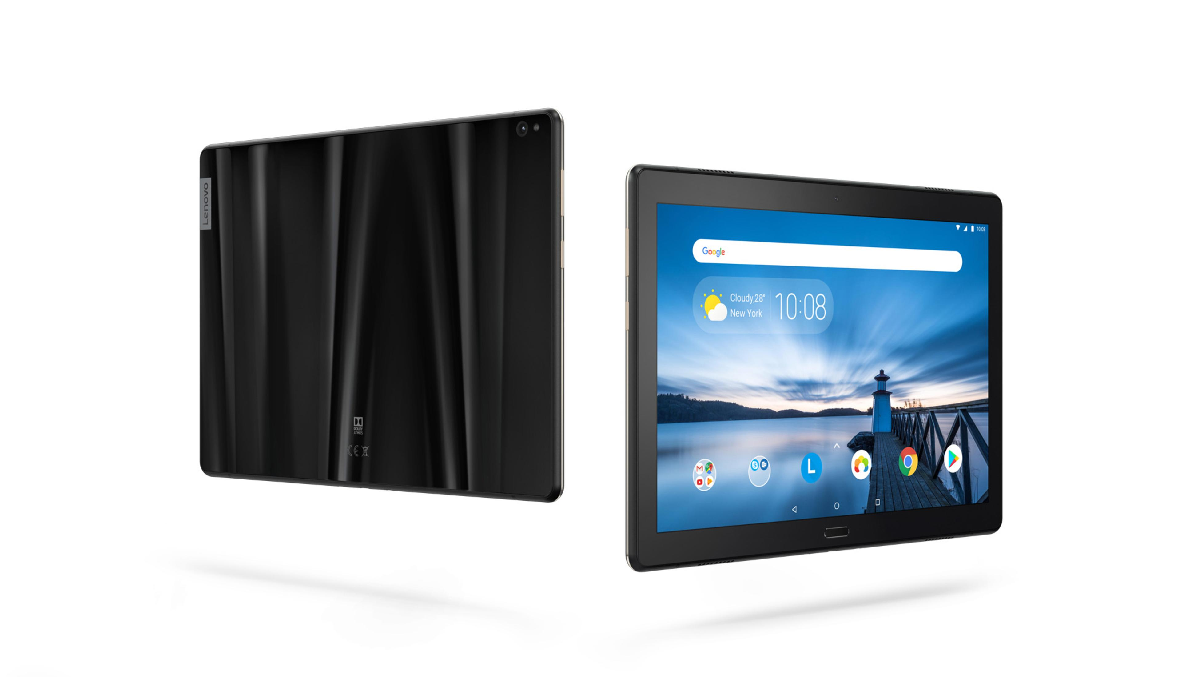 Schwarzes Lenovo-Tablet, zwei Seiten sichtbar, weißer Hintergrund.