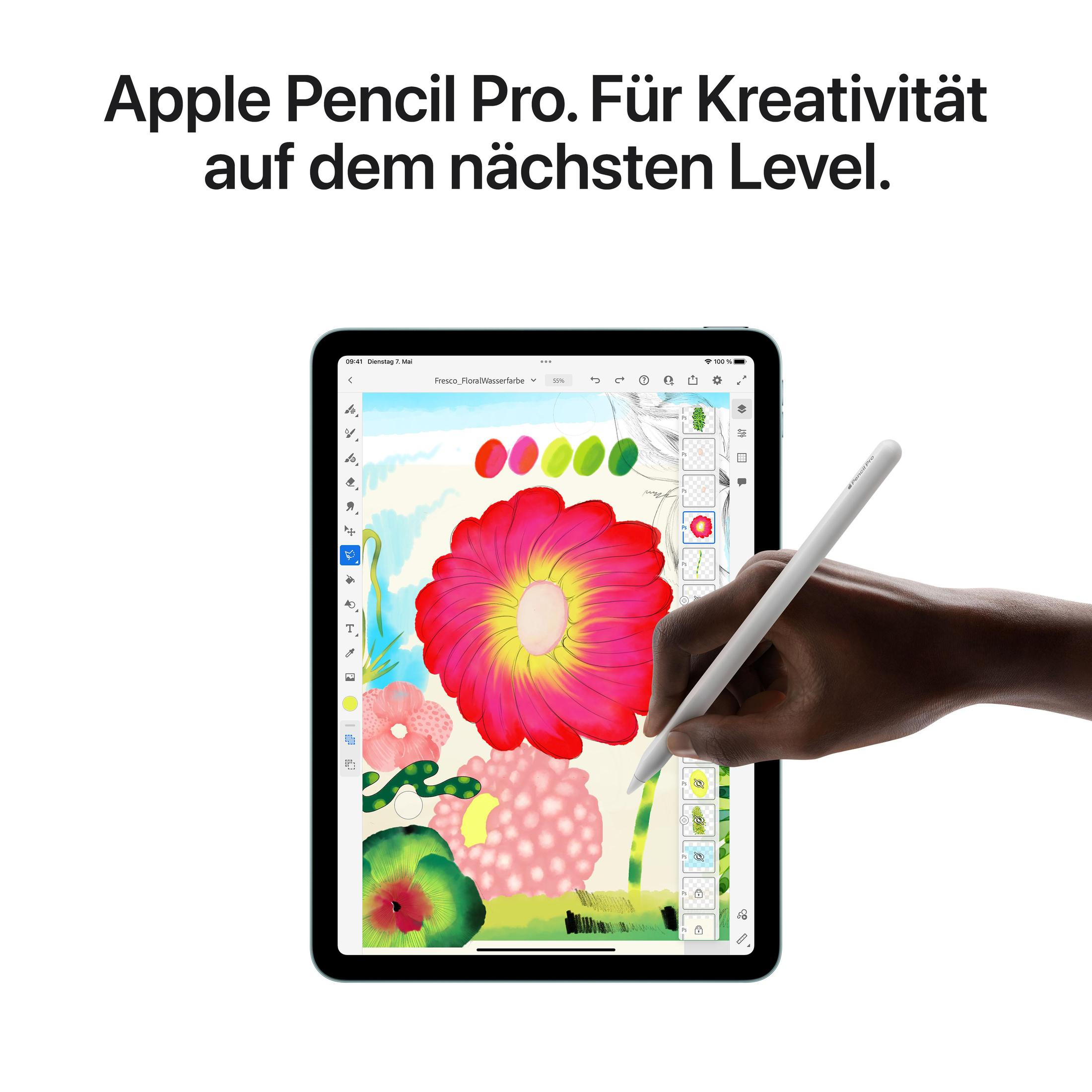 iPad z ręką trzymającą Apple Pencil, rysującą na ekranie, na białym tle.