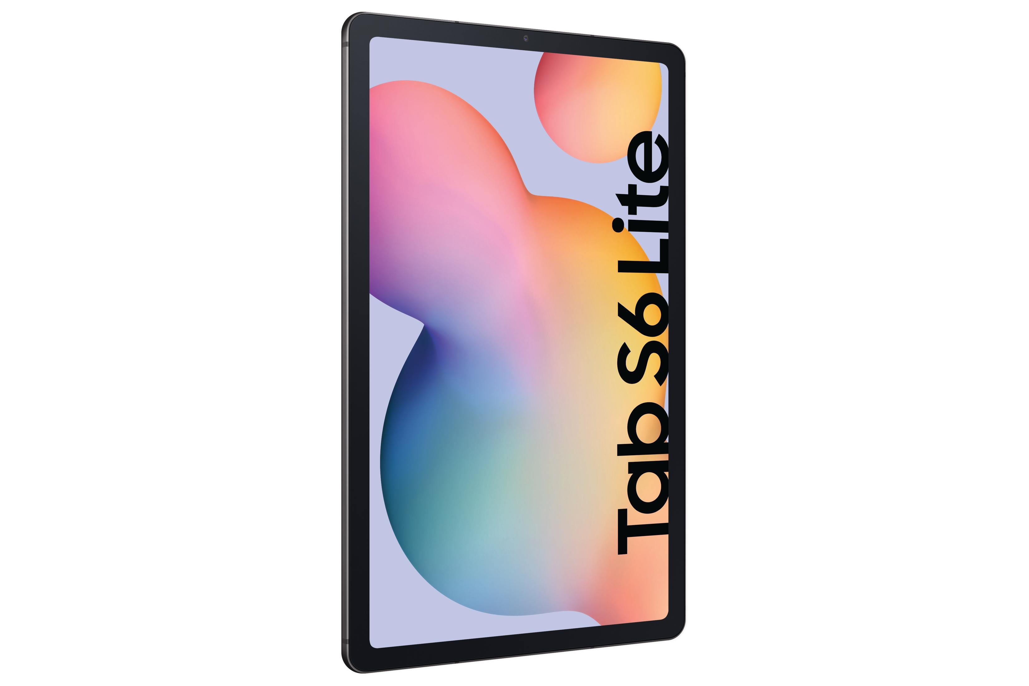 Samsung Tab S6 Lite Tablet, schwarzer Rahmen mit farbenfrohem Hintergrund.
