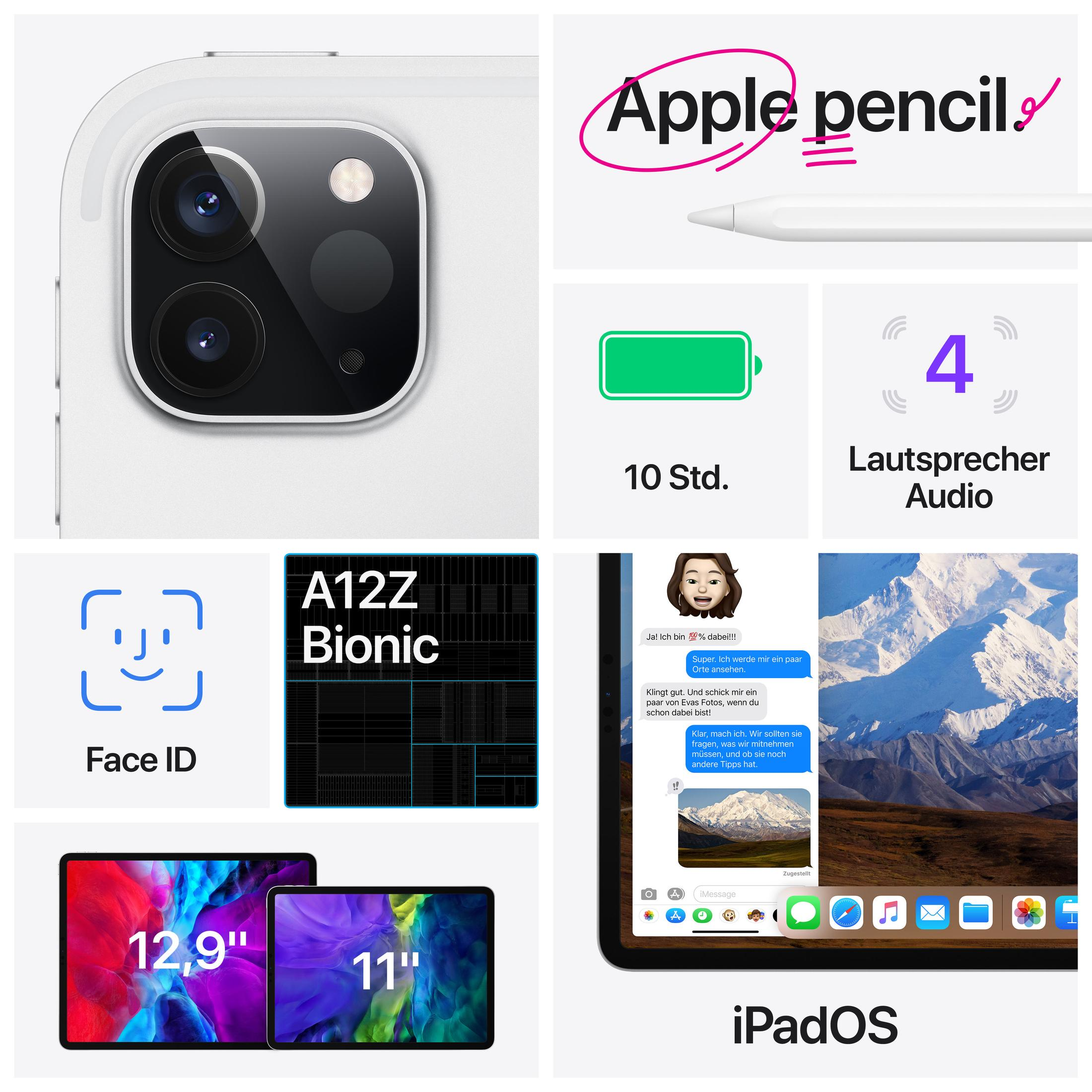 Ein iPad mit Zubehör. Das Bild zeigt das iPad, den Apple Pencil und Informationssymbole.