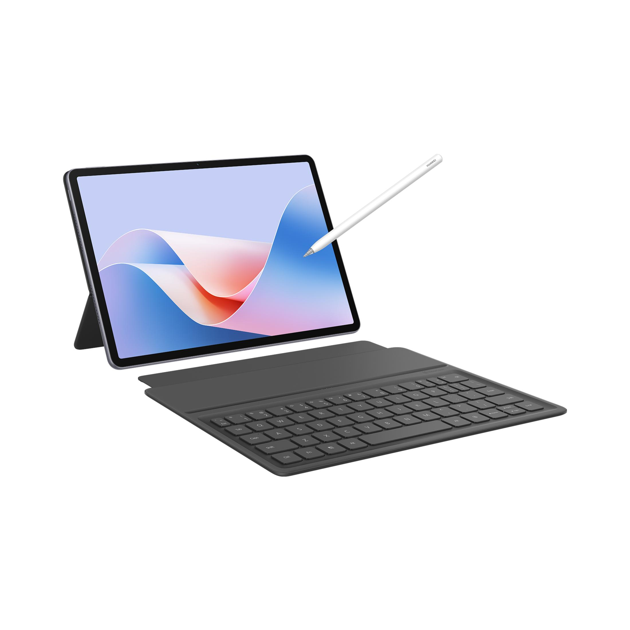 Tablet mit Stift und Tastatur. Tablet ist aufgestellt. Weißer Hintergrund. Moderne, technikorientierte Komposition.
