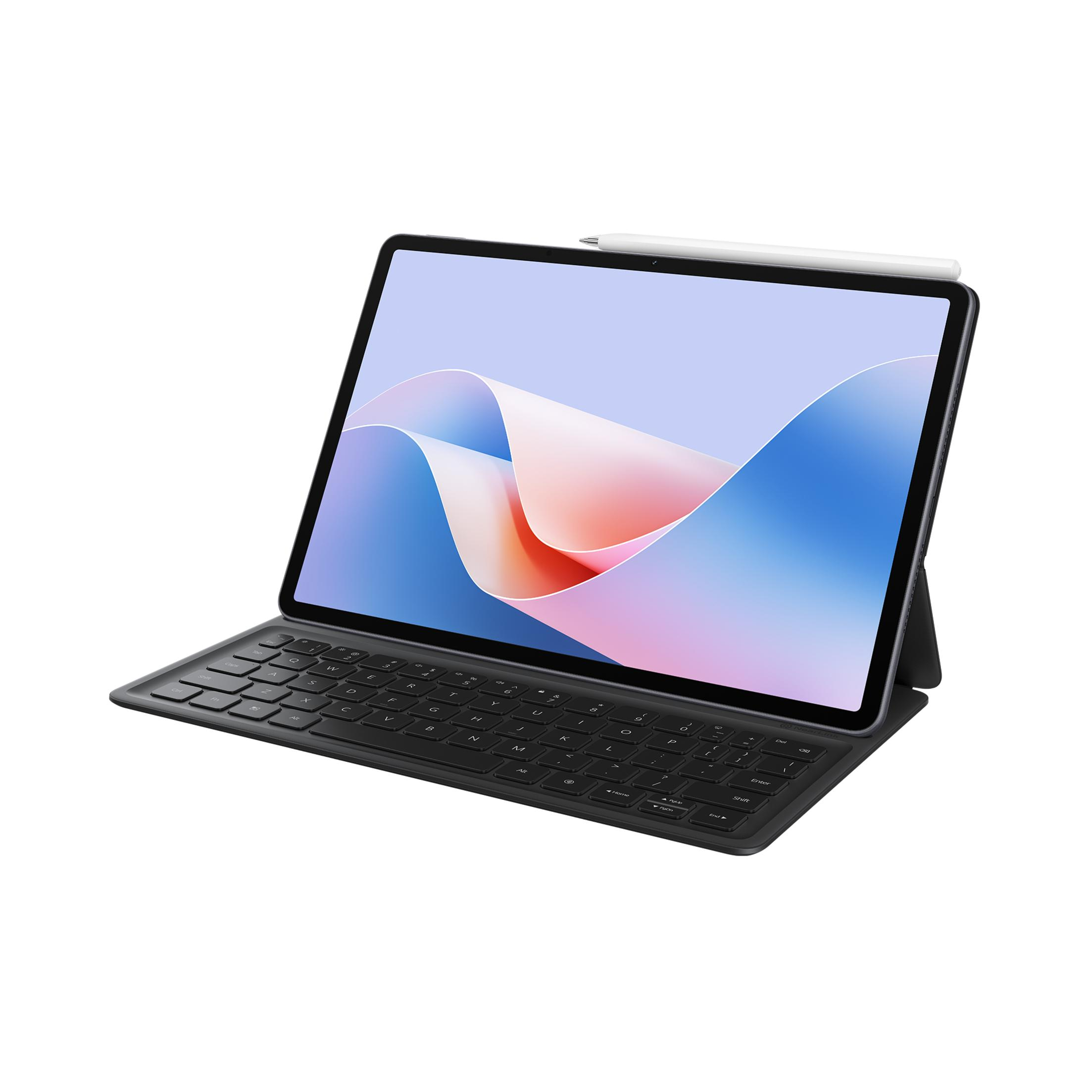Tablet mit Tastaturhülle und Stift. Der Bildschirm zeigt ein abstraktes Bild.