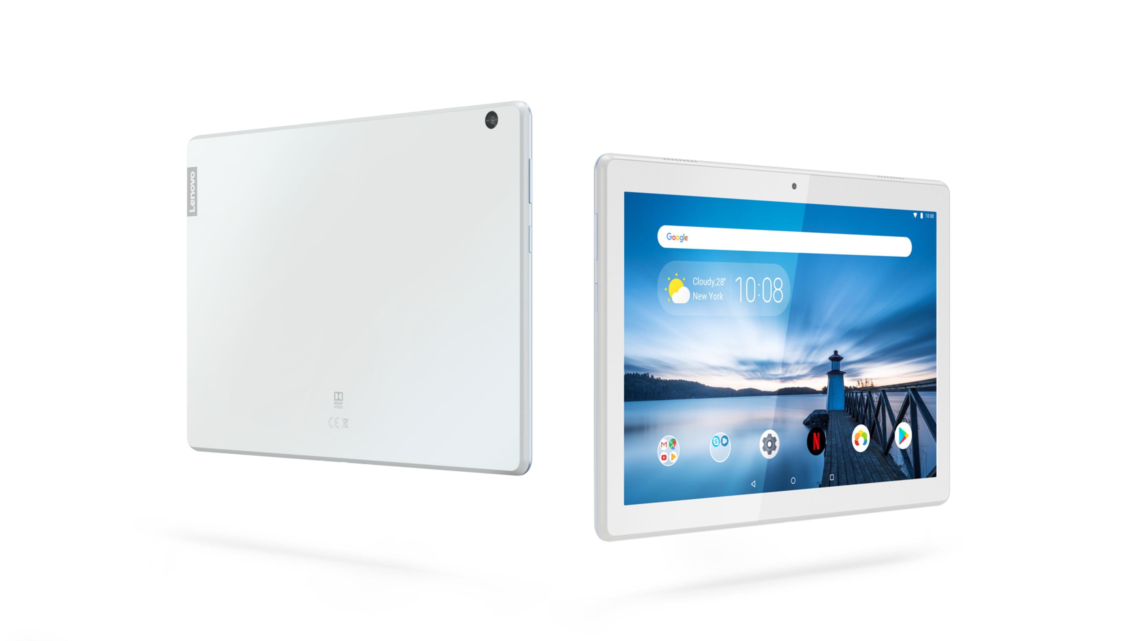 Zwei weiße Tablets, eines zeigt einen Bildschirm mit Dock, das andere eine leere weiße Rückseite.