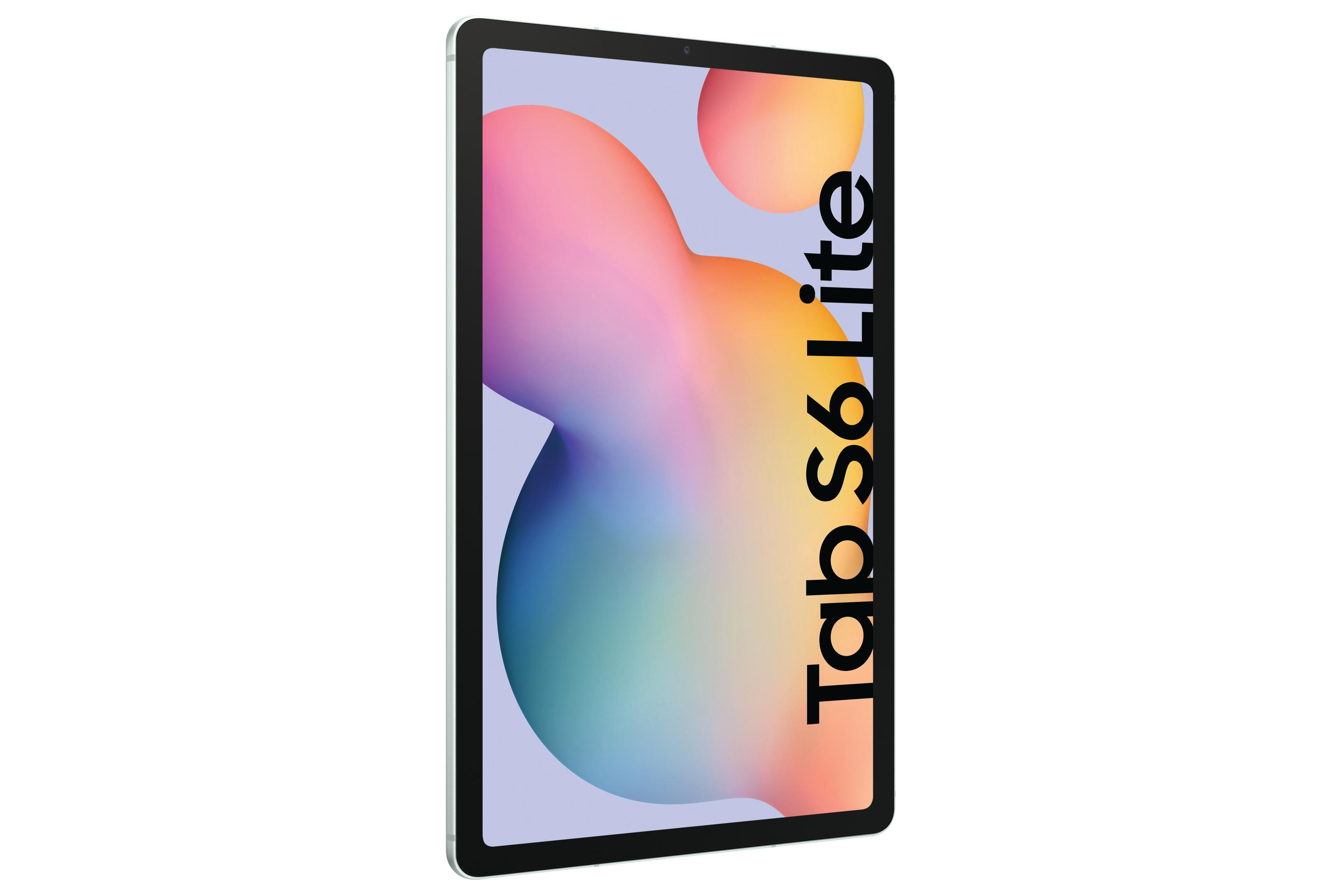 Tablet bianco, vista angolata. Schermo rosa e giallo. Testo nero: Tab S6 Lite.