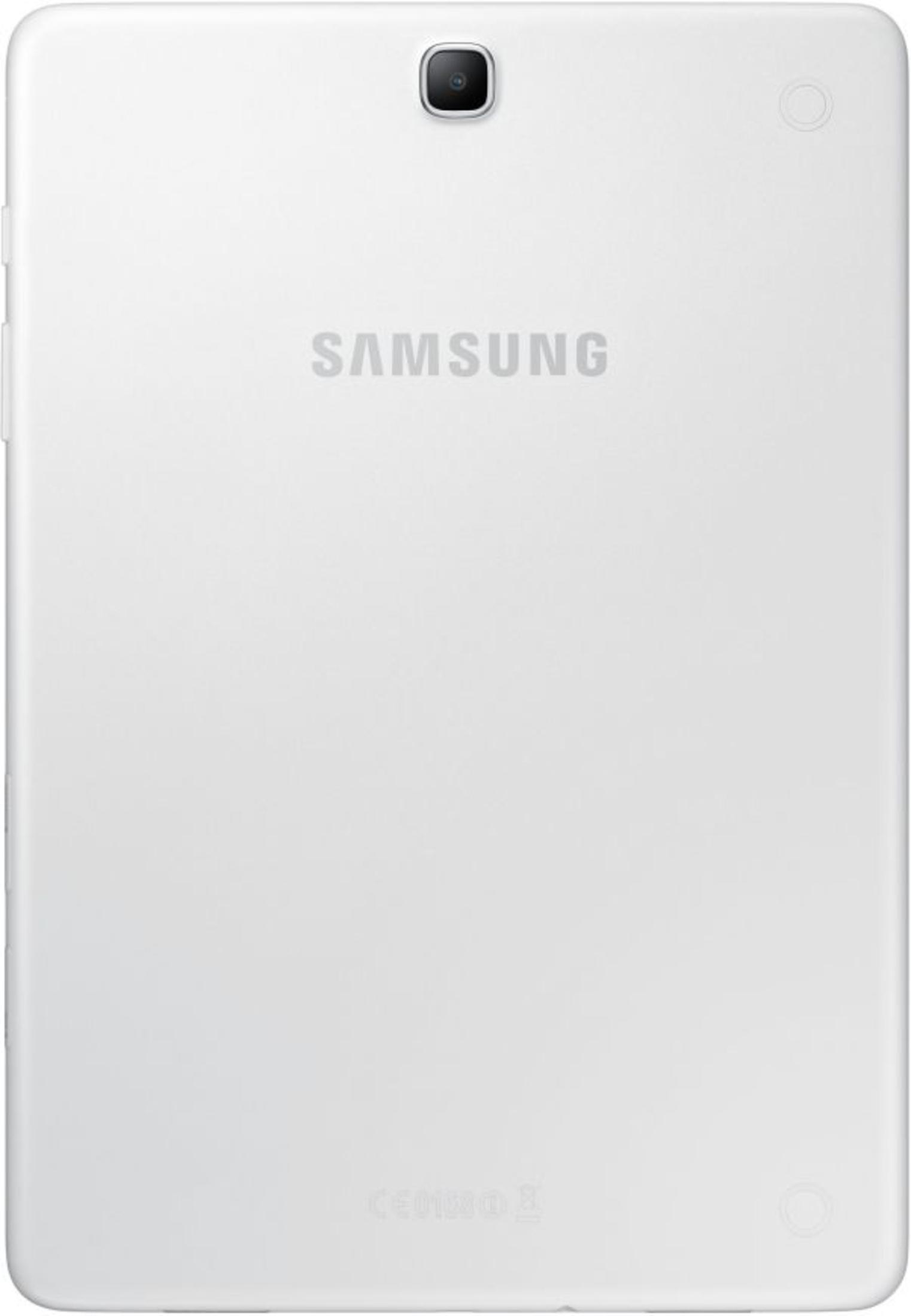 Weißes Tablet mit Kamera, Samsung-Logo. Rückansicht.