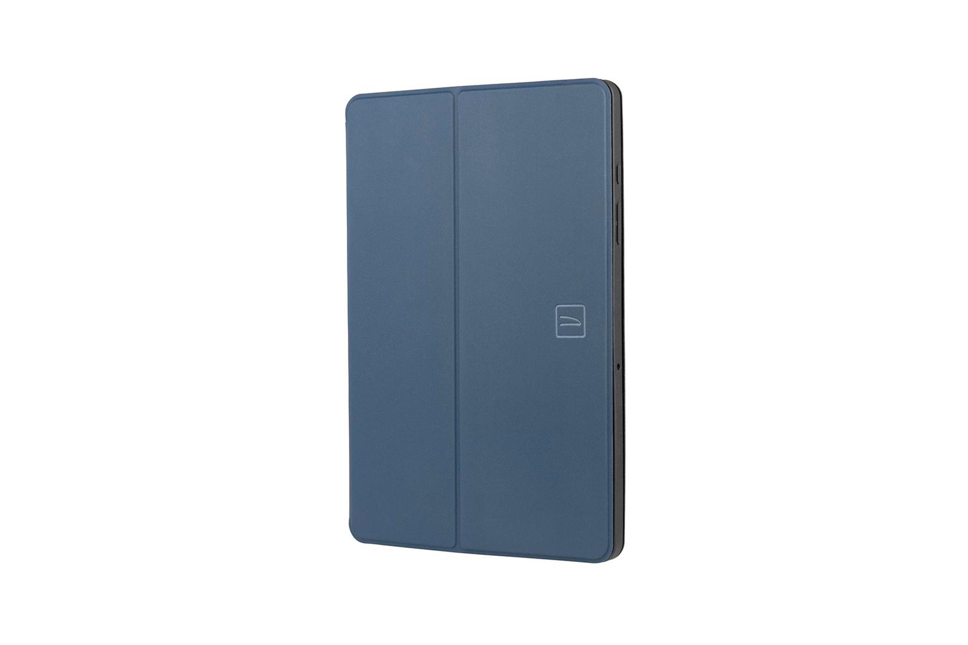 Custodia per tablet blu, chiusa, con un logo sul lato destro.
