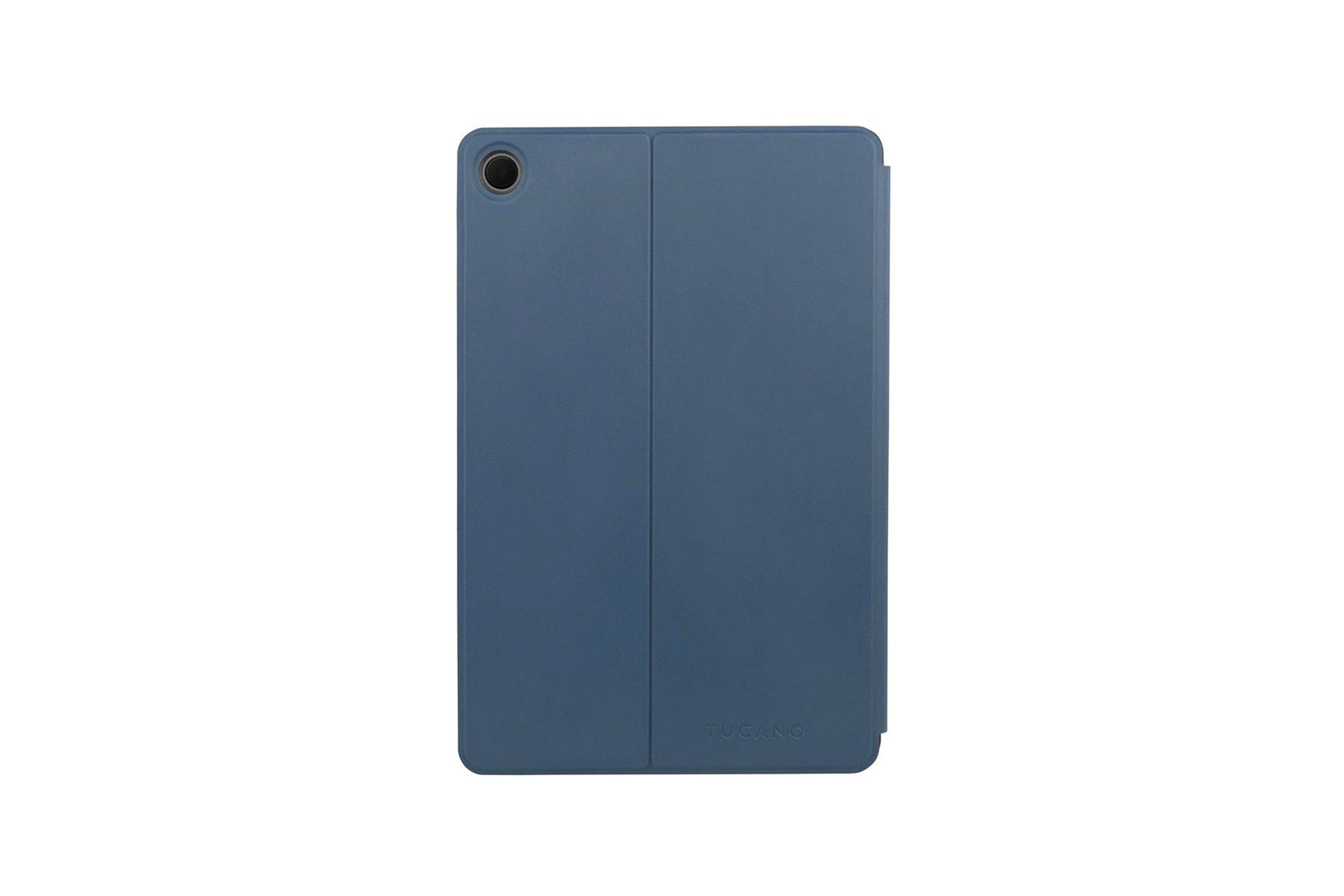 Una custodia blu per tablet, chiusa, con il logo TUCANO in basso.