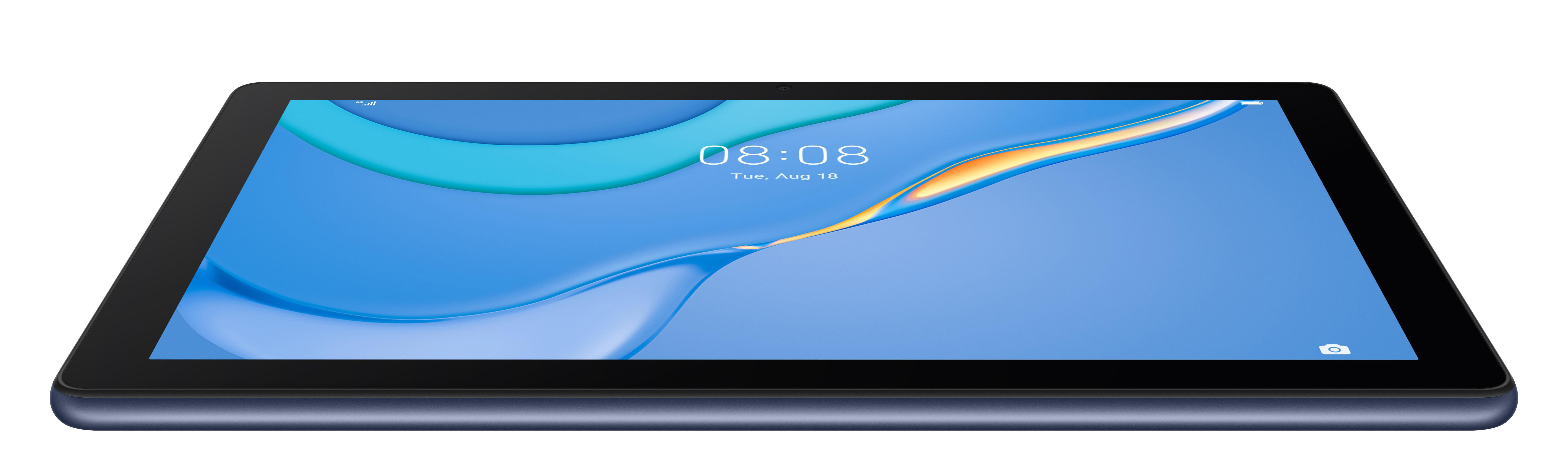 Tablet, blauer Bildschirm mit digitaler Uhrzeit und Datum.