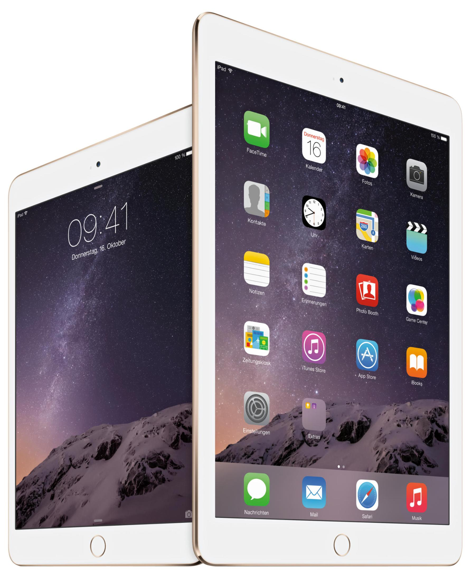 Dwa białe iPady, otwarte, wyświetlające aplikacje. Kalendarz i aplikacje.