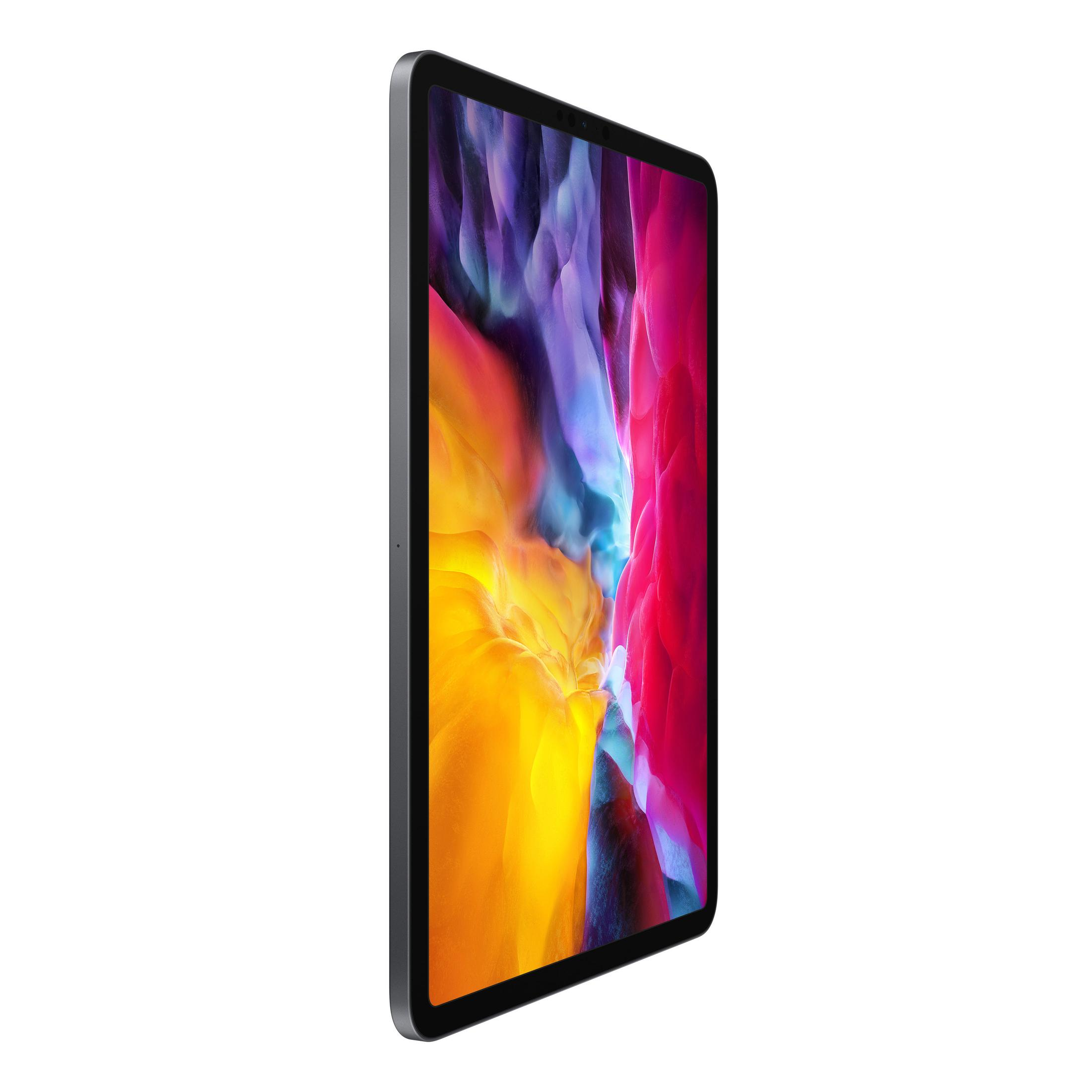Een tablet staat schuin en toont een kleurrijk scherm en een zwarte rand. De achtergrond is wit.