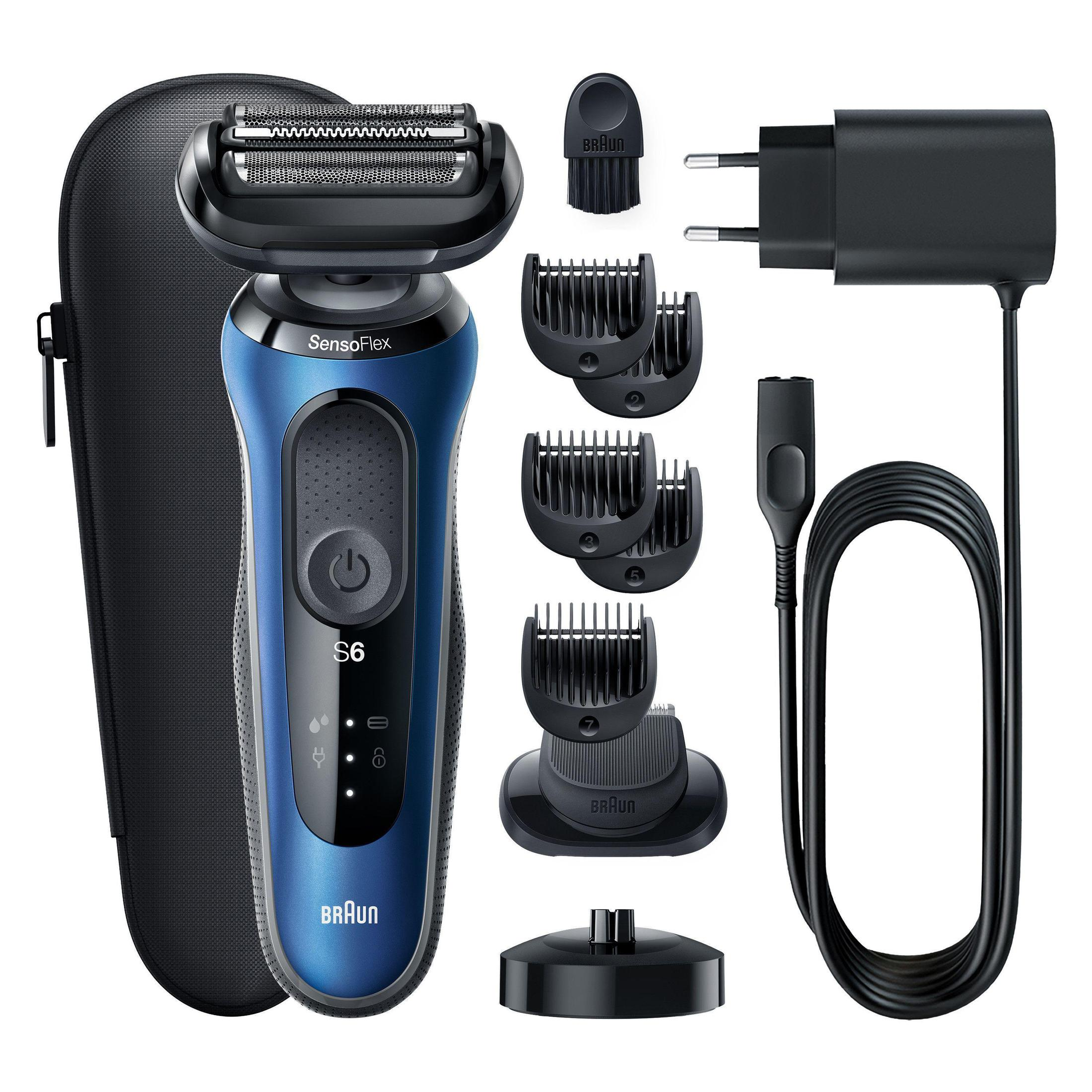 Niebieska golarka elektryczna Braun z różnymi nakładkami i etui podróżnym.
